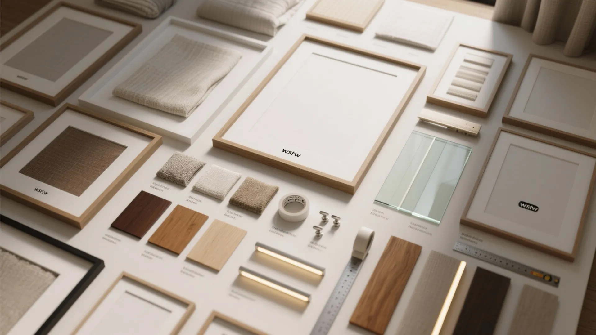Interior design mood board with wood samples fabric swatches picture frames and small metal hardware