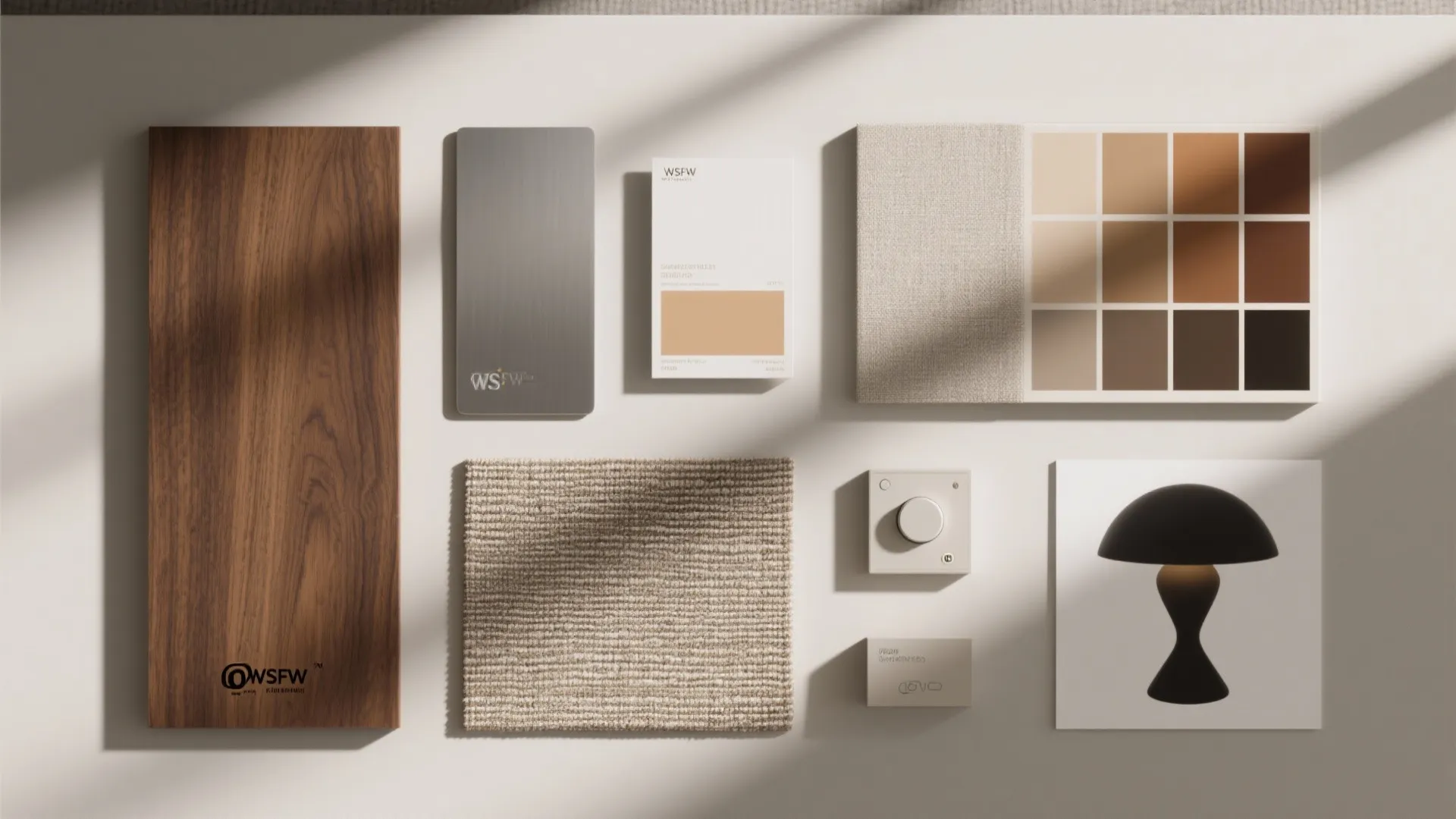 Flat lay design board with wood panel grey tile fabric sample color swatches and lamp