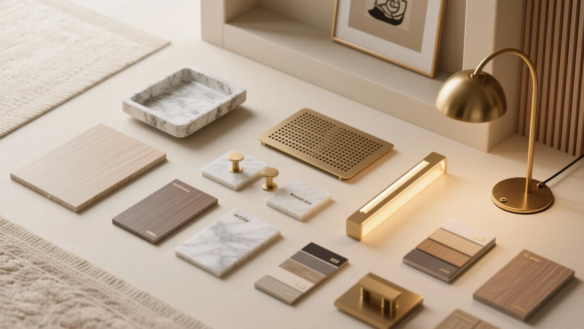 Interior design materials including wood samples marble tiles gold light fixture and brass table lamp