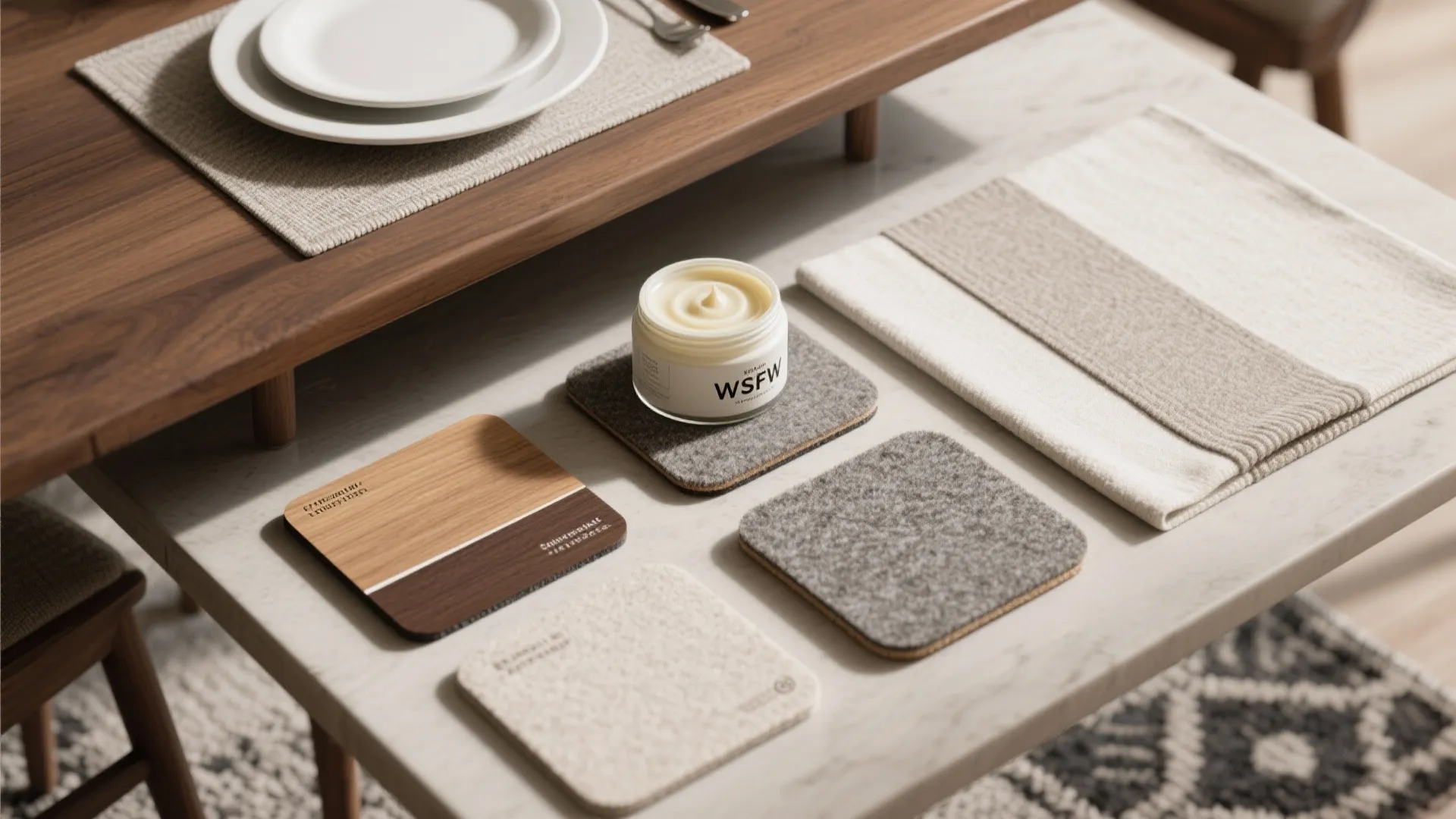 Modern interior design material samples including wood tiles and fabric textures on a marble table