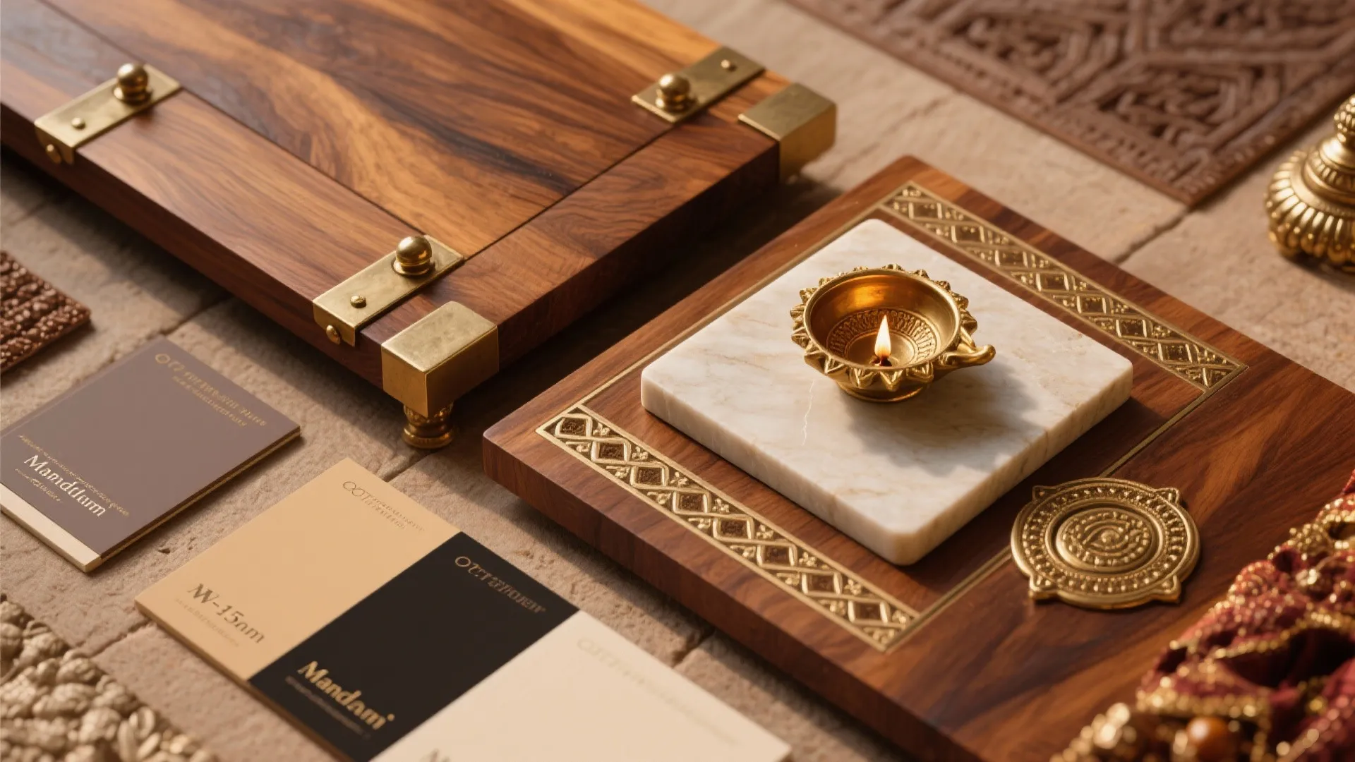 Wooden cabinet samples with gold handles and a small light on white marble and wood