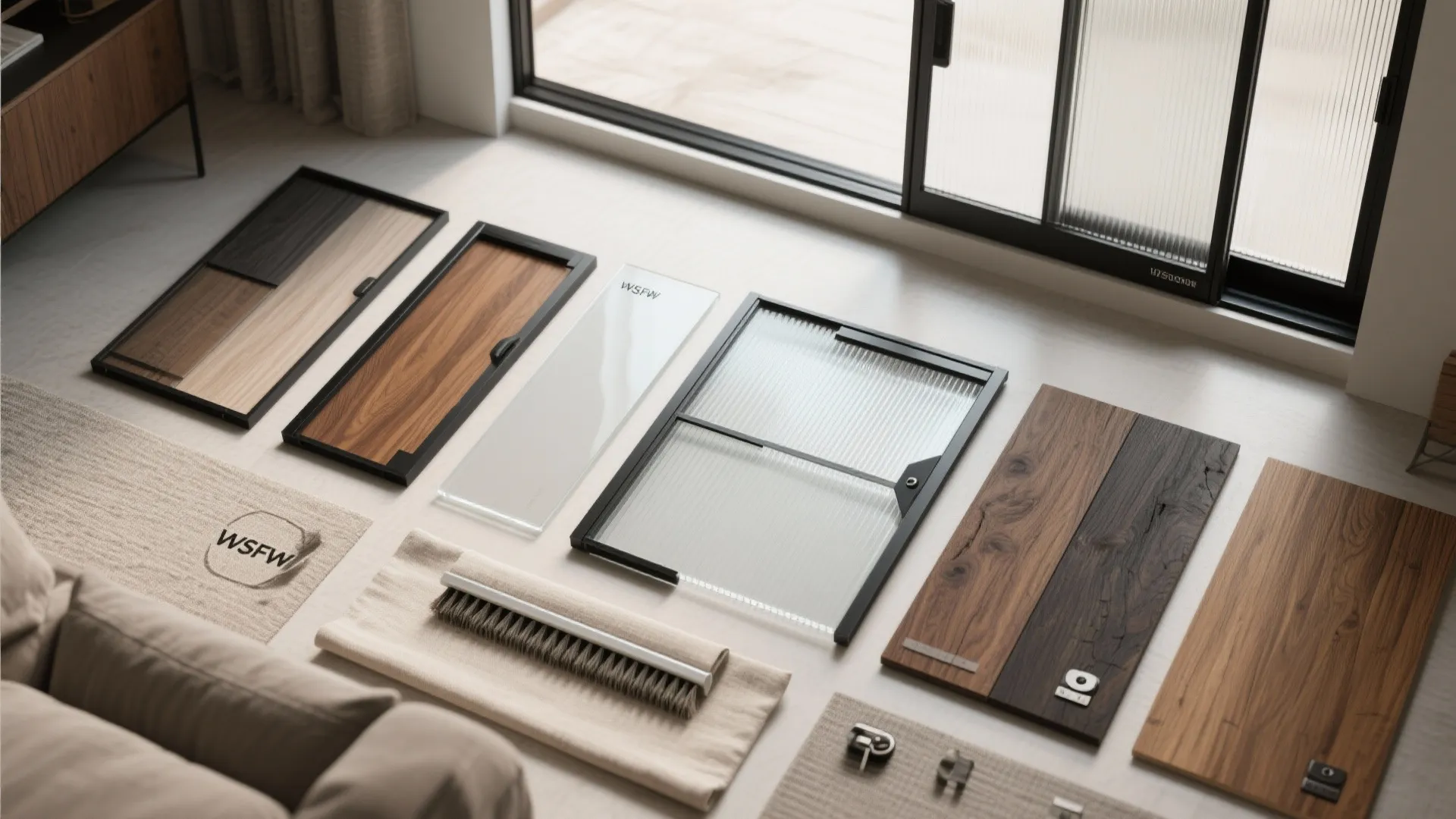 Flat lay of sliding door materials: glass samples, steel and aluminum frames, oak veneer, fabric, seals, hardware.