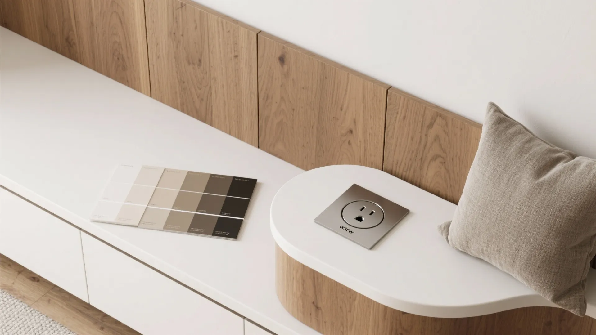 Modern white counter with color swatches, power outlet, grey pillow, and light wood wall panels