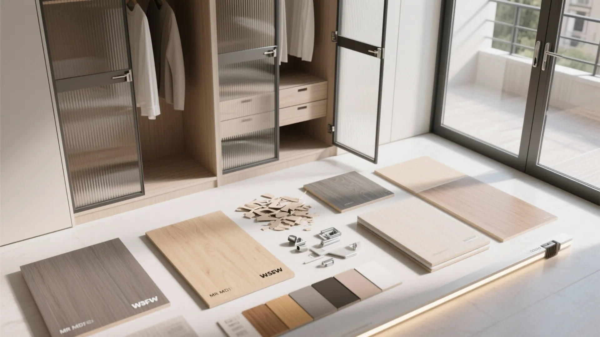 Various wood flooring samples and small hardware parts laid out on a bright room floor