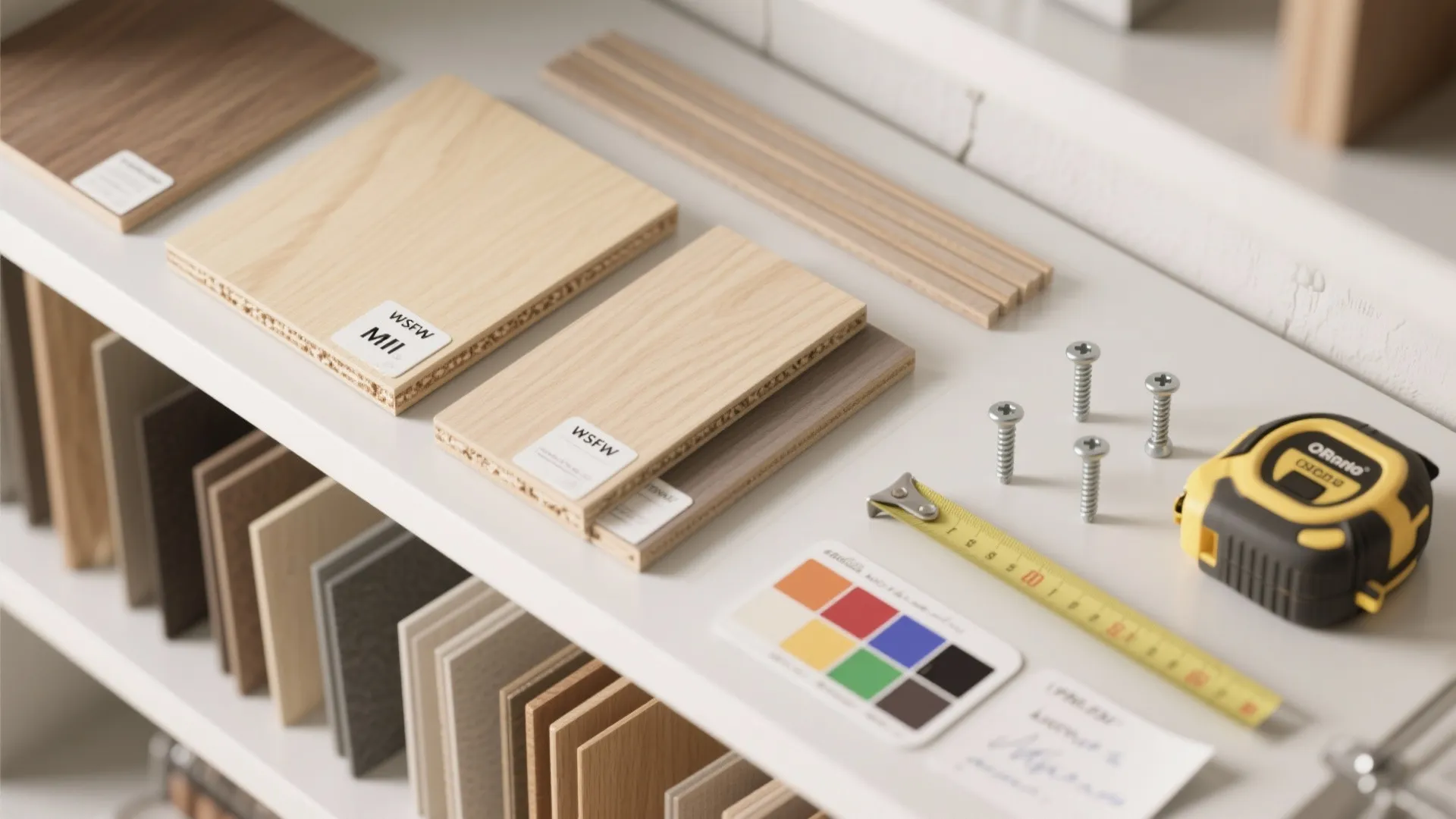 Wood samples and home renovation tools like tape measure and screws on a white display shelf