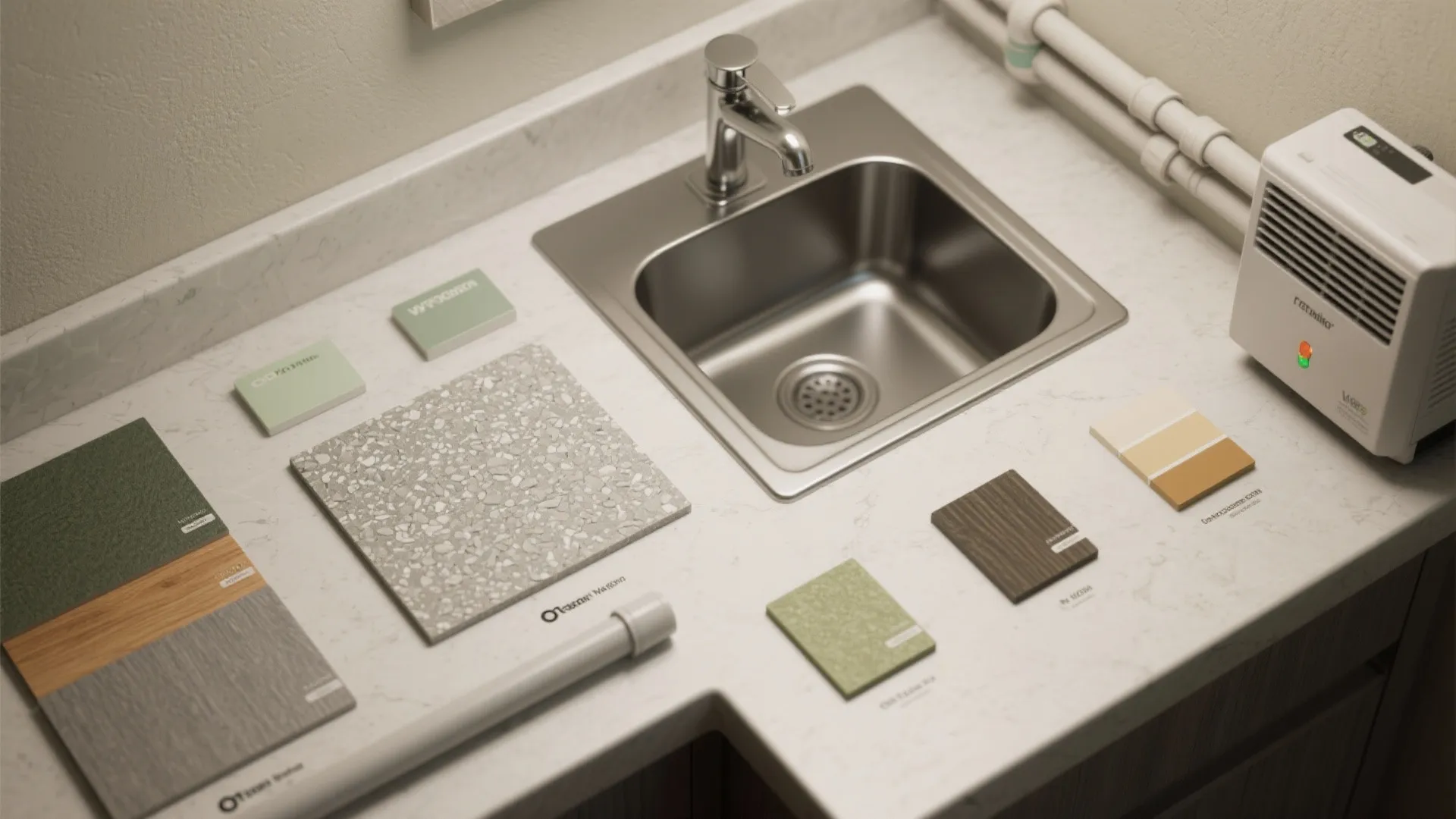 Kitchen countertop with small metal sink and various building material samples for interior design projects