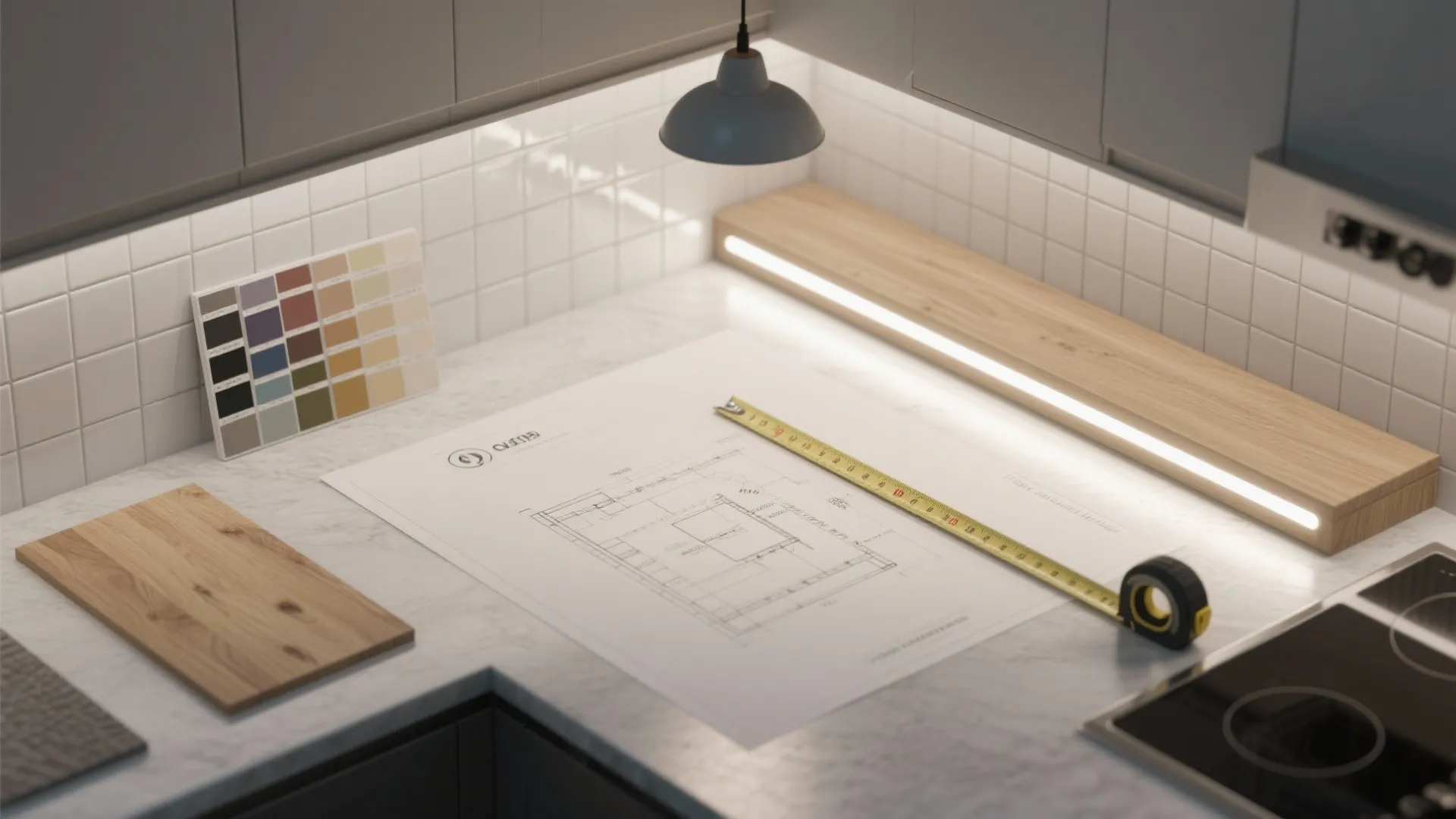 Kitchen countertop with floor plan drawing measuring tape color palette and warm light fixture strip