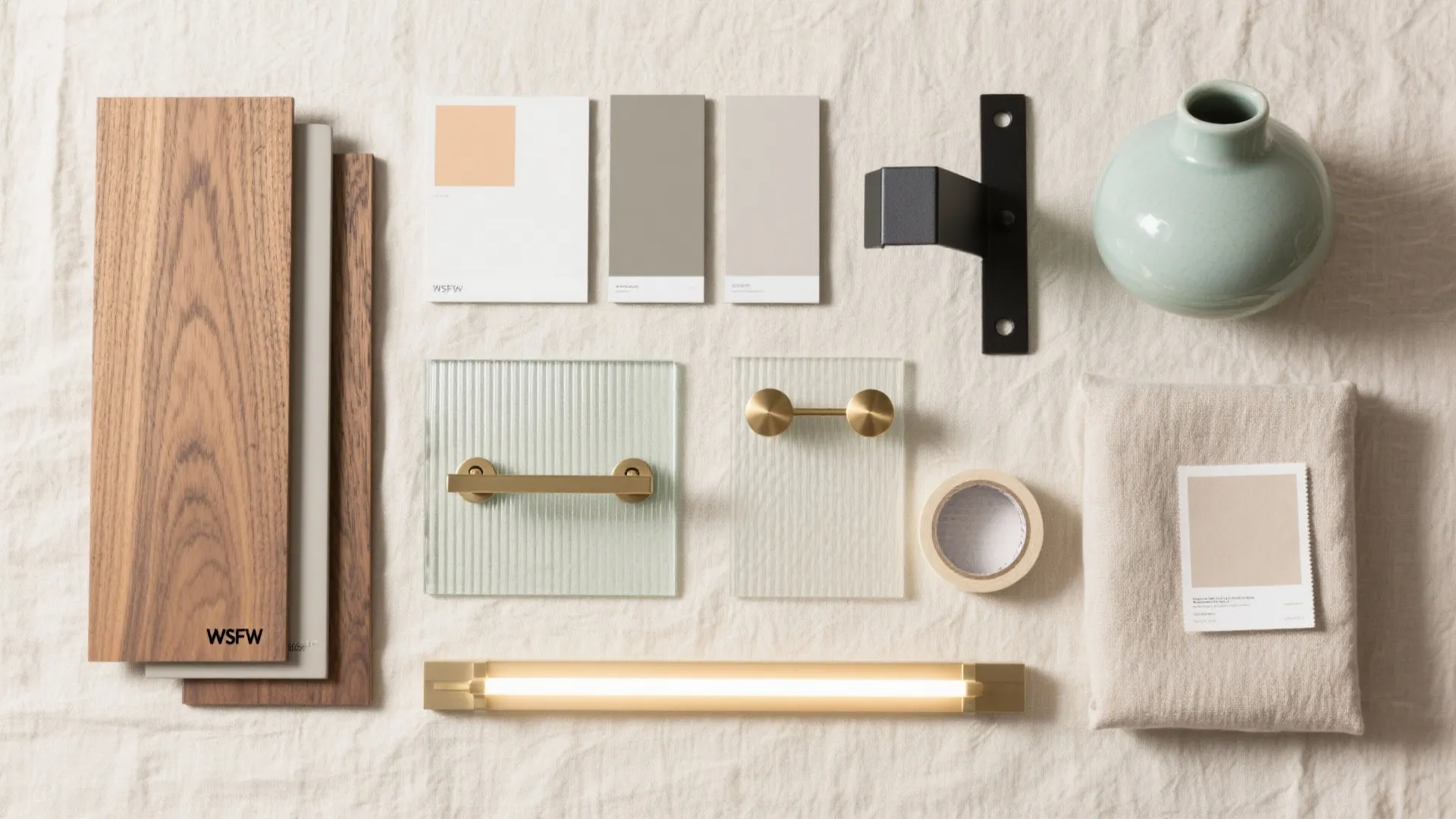 Interior design material mood board with wood panels color swatches glass samples and light fixture