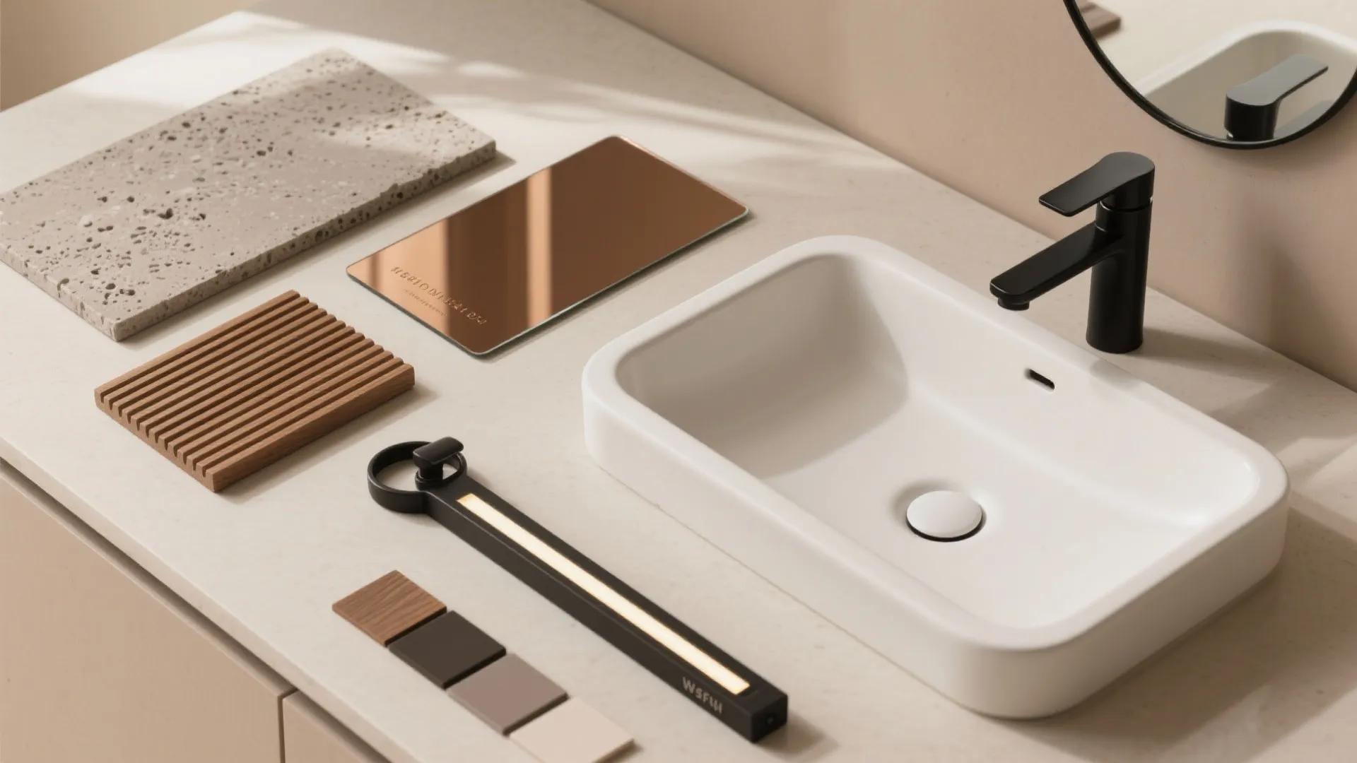 Elevated materials: splashback, mirror, and lighting