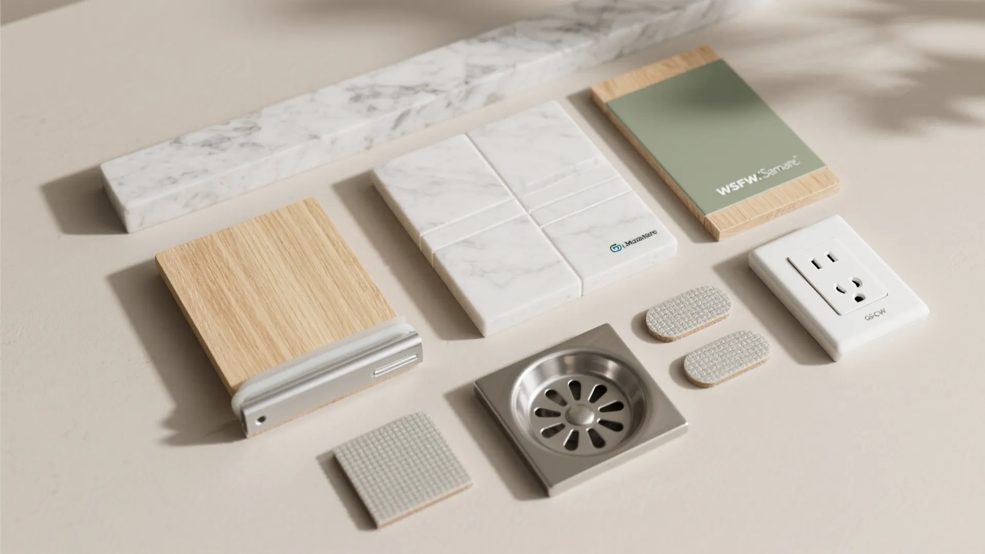 Interior decoration samples including marble tiles wood panels green material swatches and a white power socket