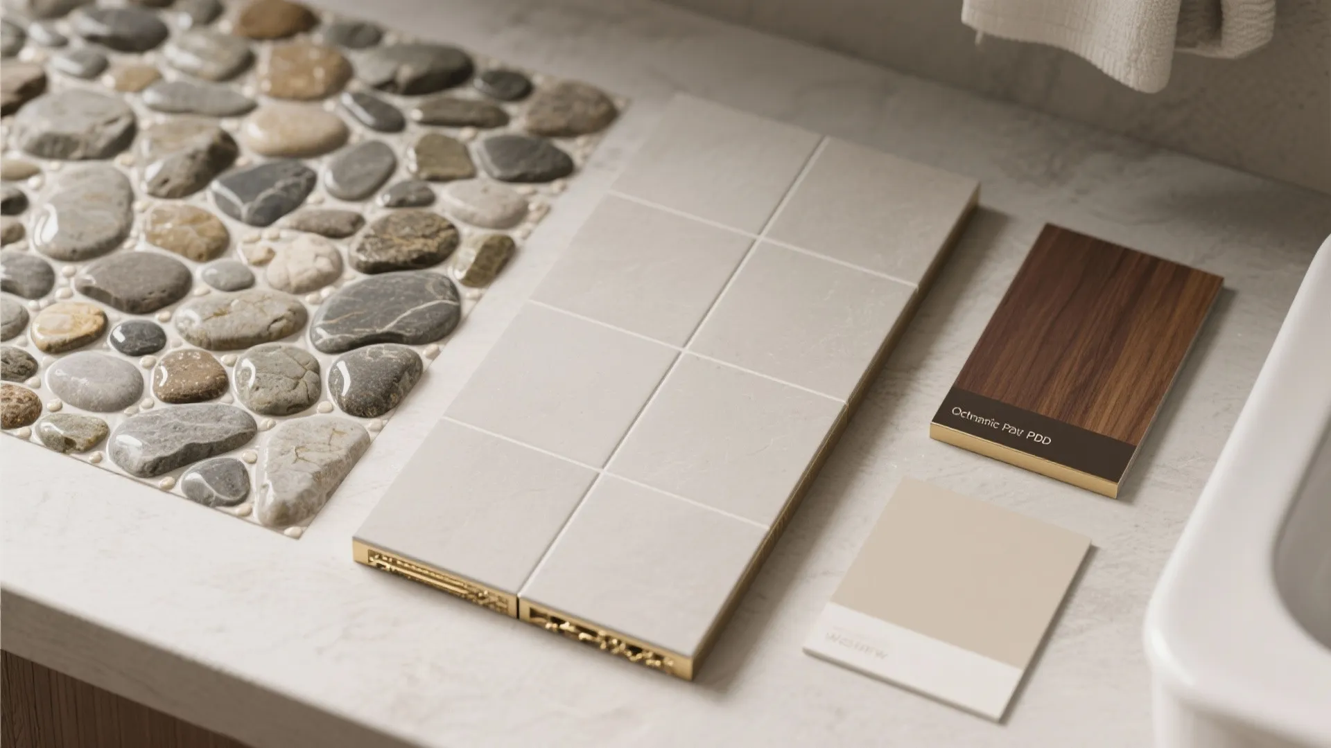 4) Pebbles + Large-Format Porcelain: Texture Without the Chore