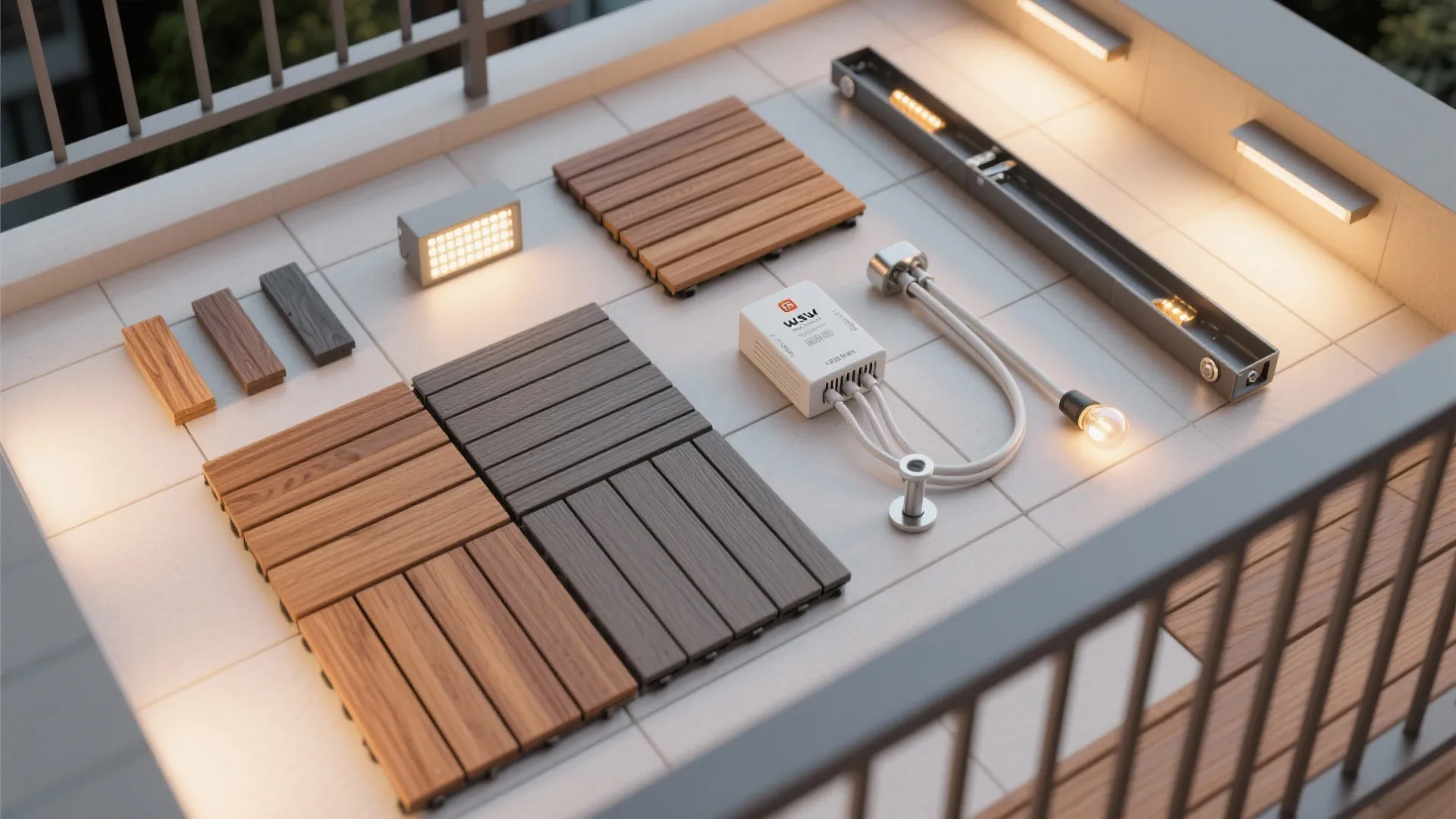 Warm timber details and layered balcony lighting