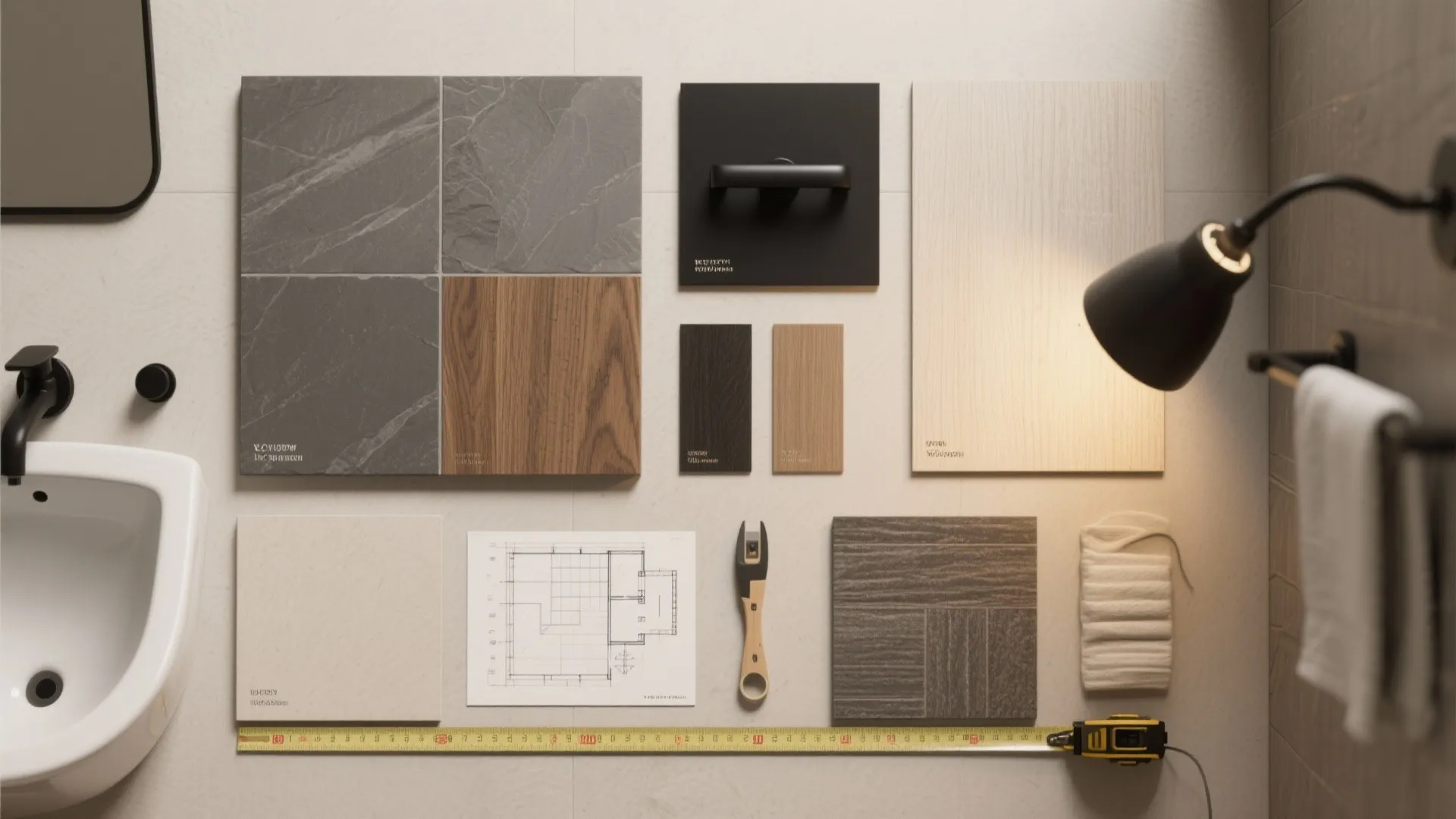 Flatlay of tile, wood, hardware samples, lighting moodboard and plan sketch for practical bathroom decisions.
