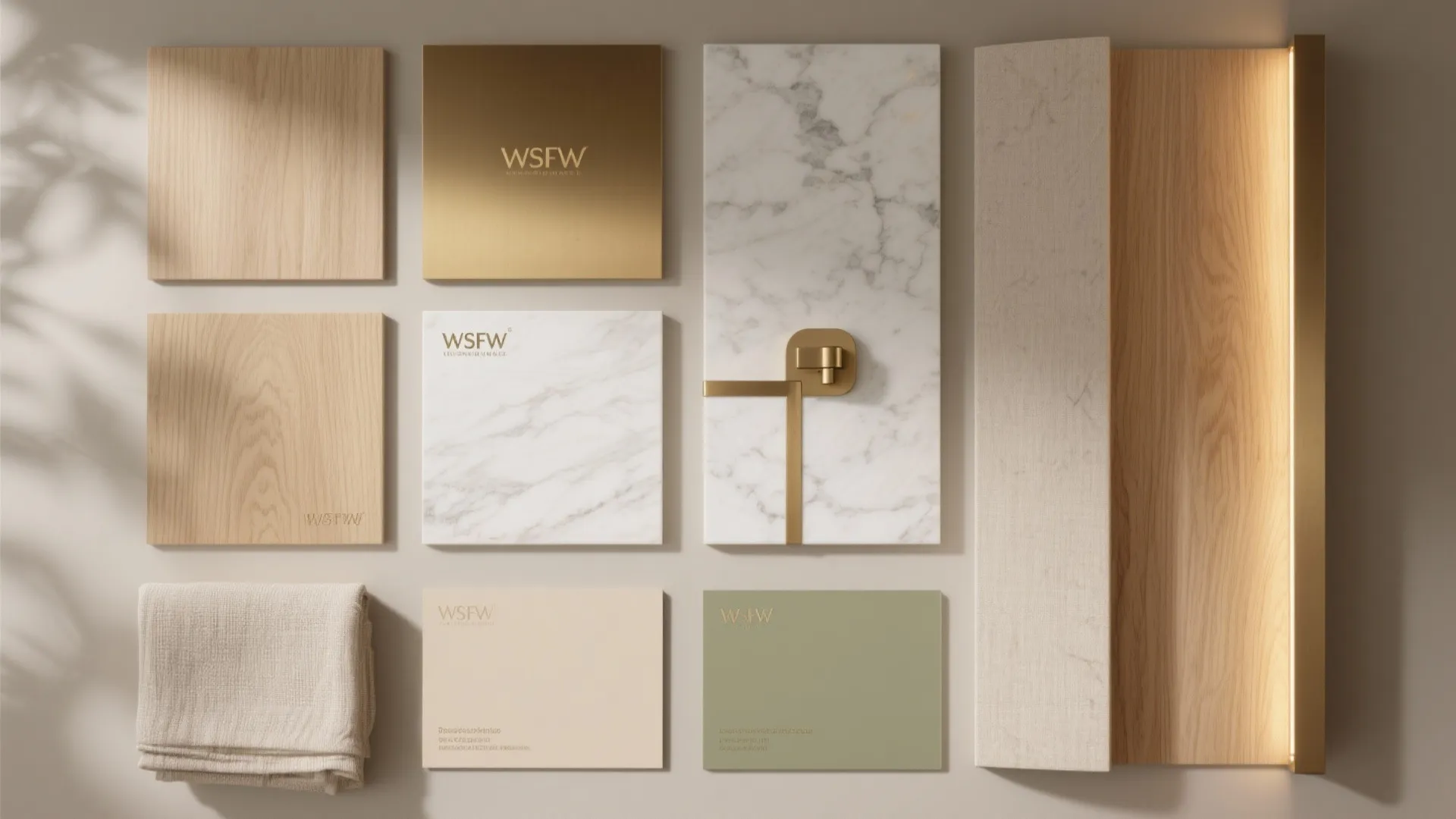 Flat lay of wood veneer, stone, brass hardware, warm LED strip, and textile samples in a soft neutral palette.