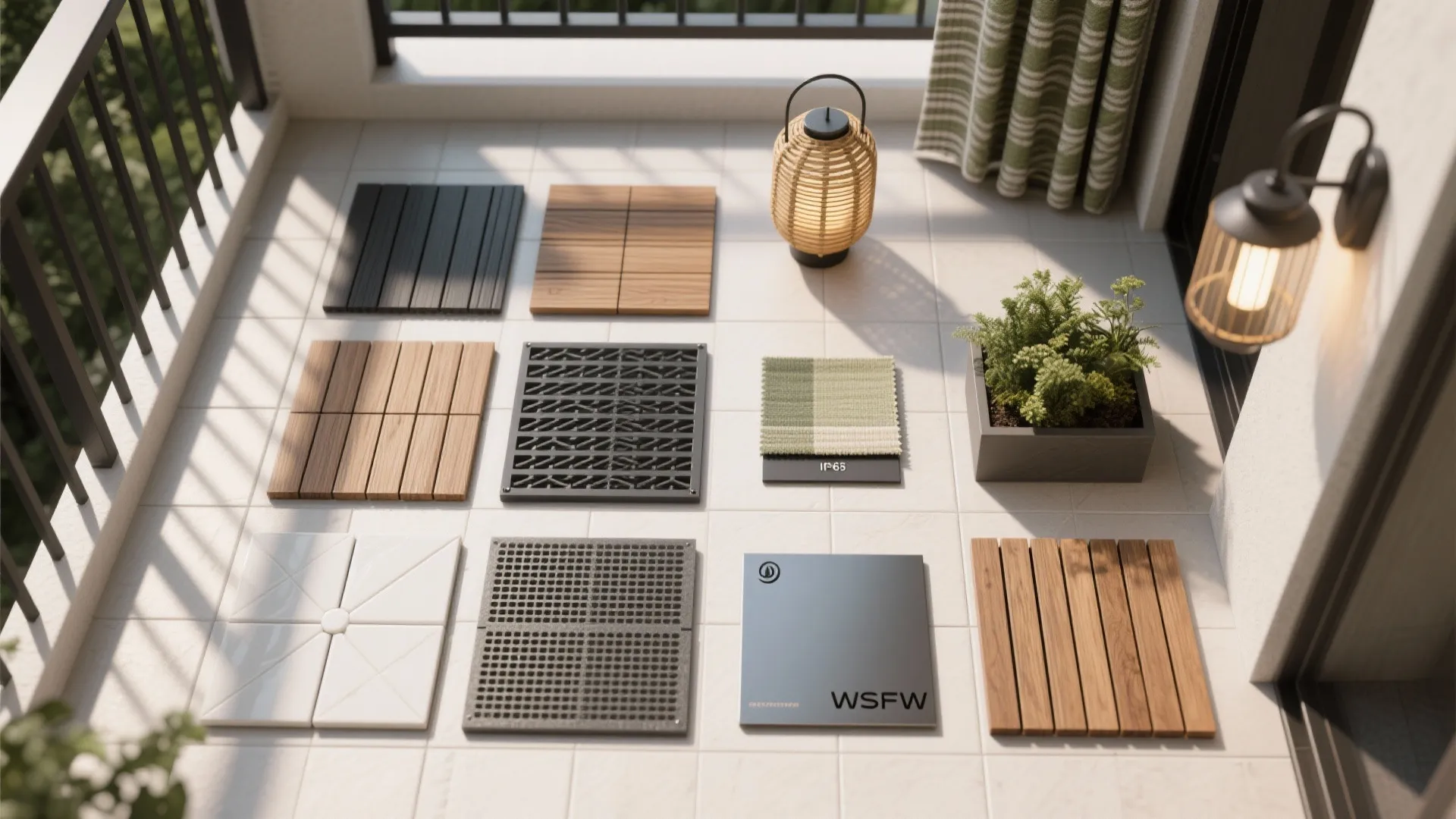 Flat lay of balcony-safe materials including porcelain pavers, composite and wood tiles, drainage mat, IP65 sconce, and fabric swatches.