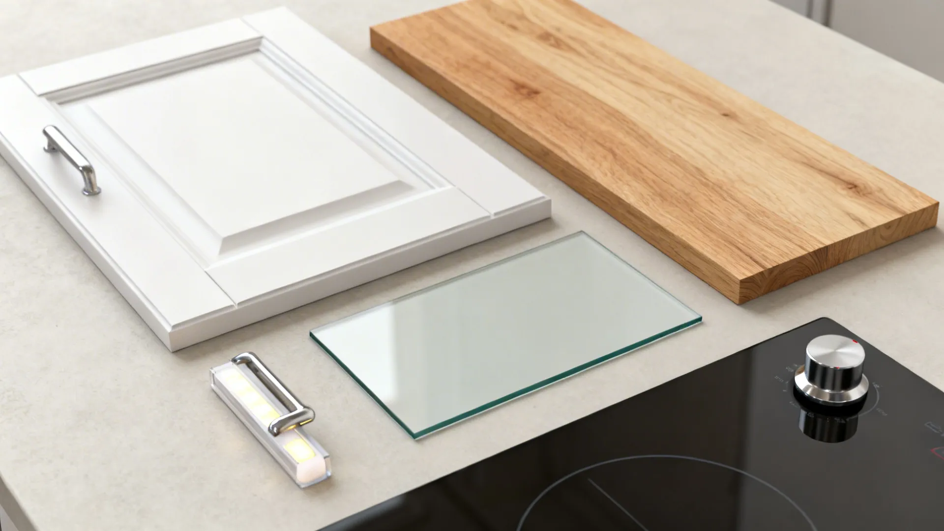 Flat lay of matte white cabinet, oak veneer, glass backsplash swatch, LED strip, and hardware.