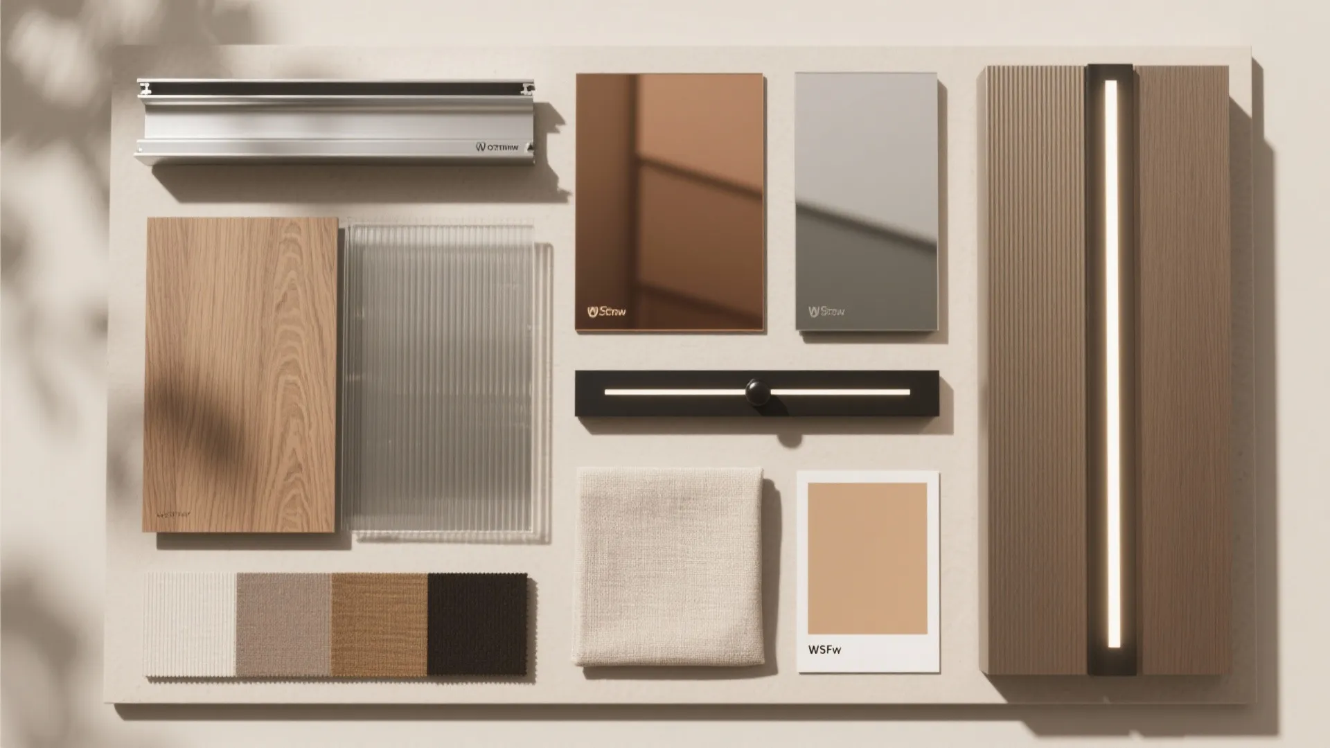 Interior design material board showing wood panels fabric samples glass pieces and small light fixtures
