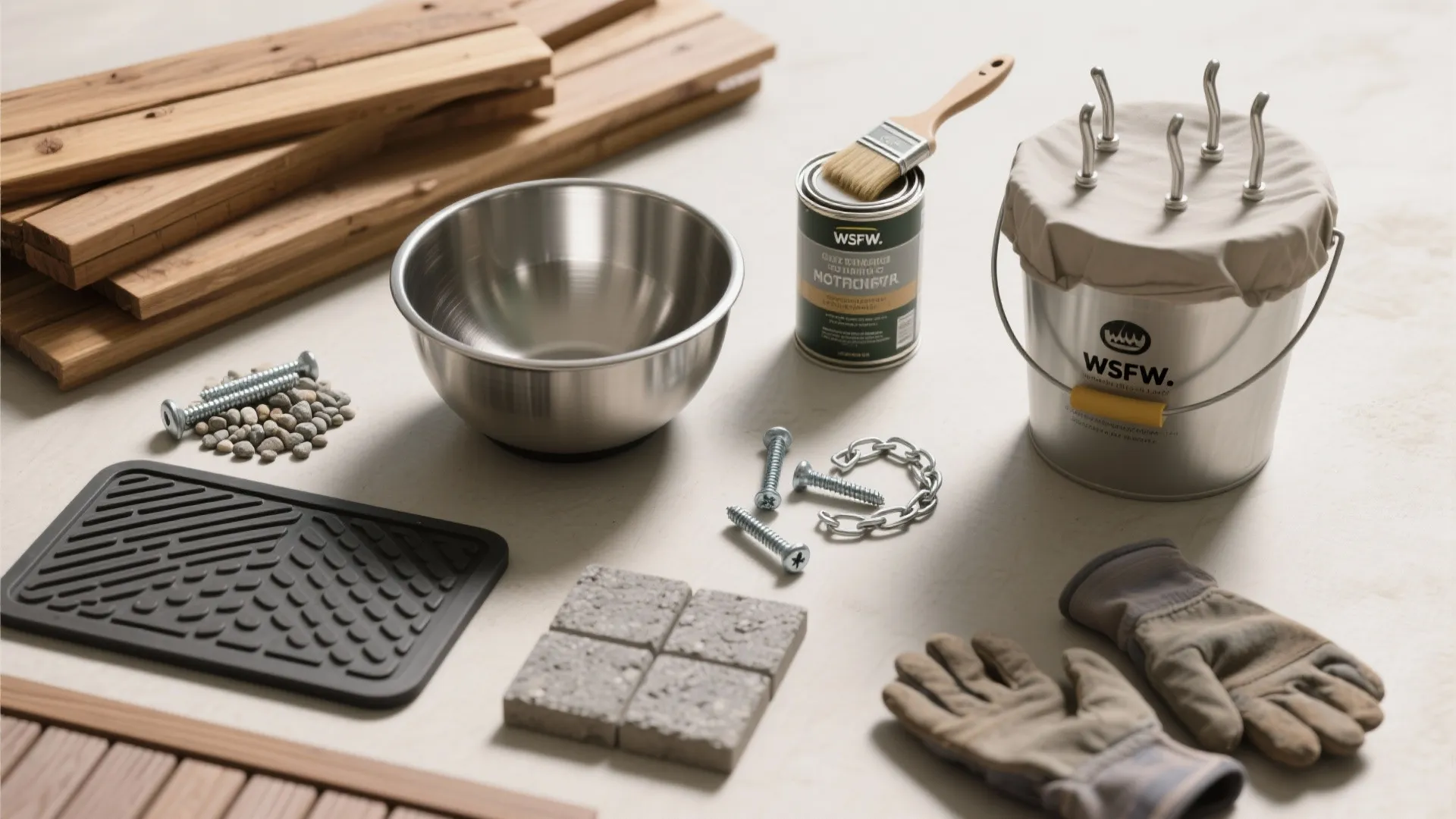 Flat lay of exterior wood, stainless bowl, galvanized screws, varnish, rubber mat, pea gravel, and pavers