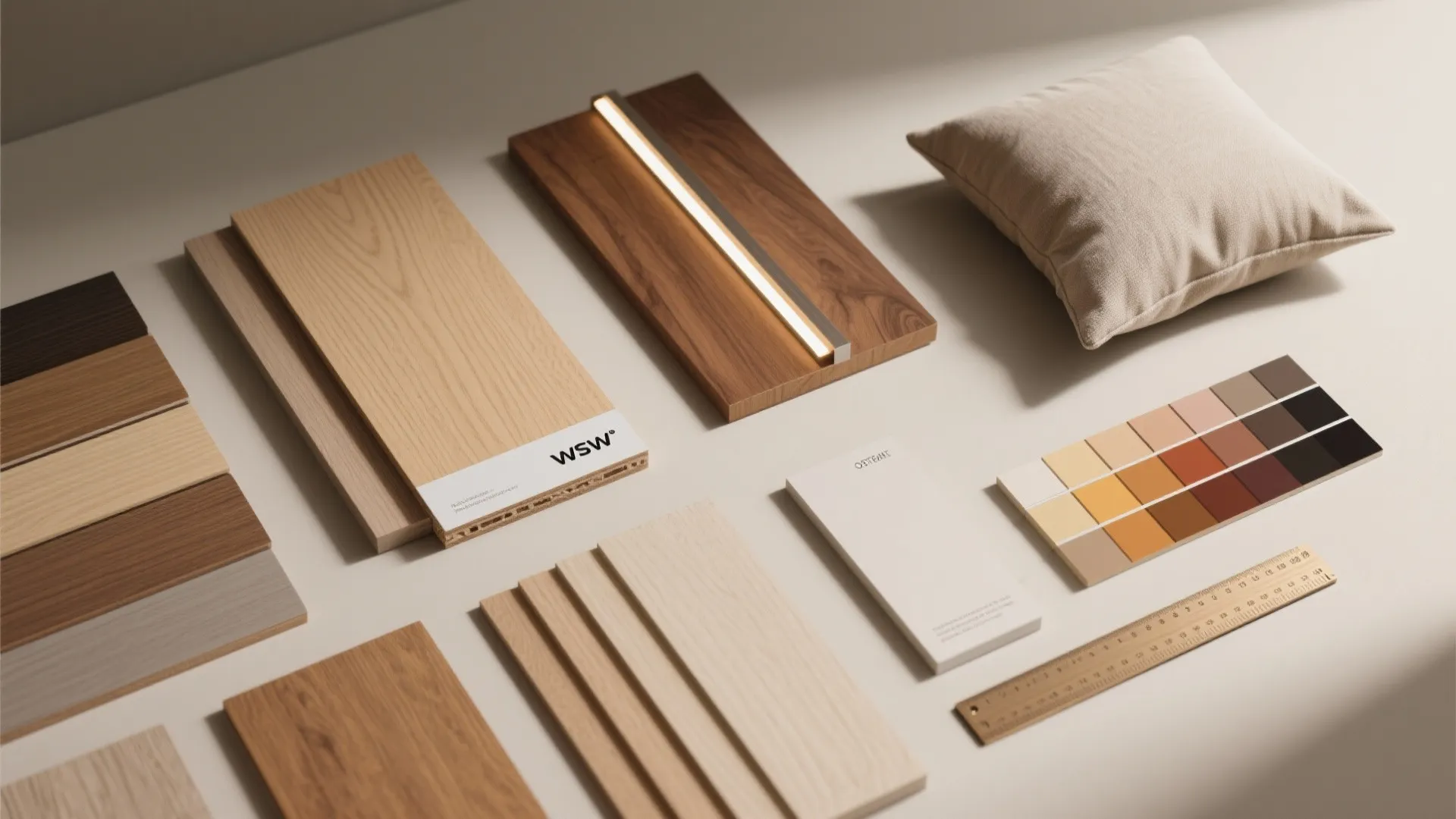 Interior design mood board with wood flooring samples a pillow color palette and a ruler