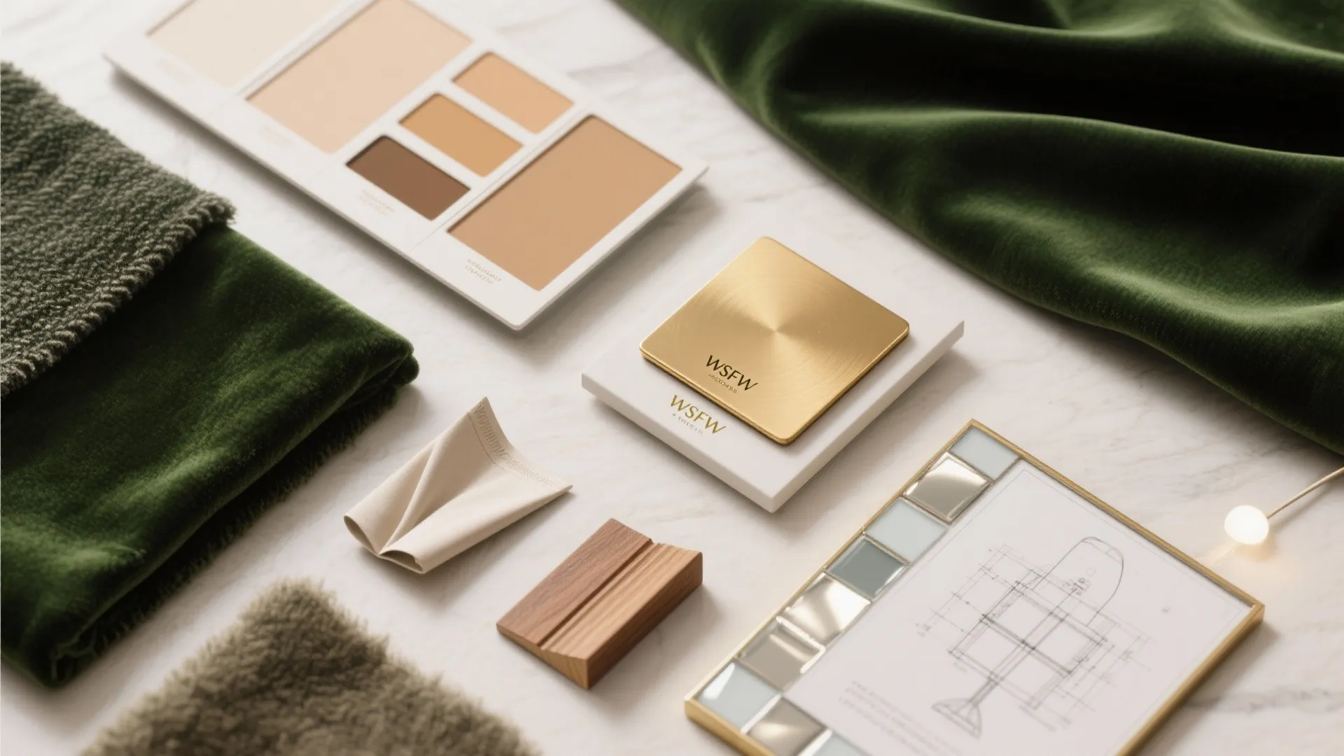 Top-down flatlay of warm neutral paint swatches, brass finish, fabric samples and wood trim for a small luxury living room palette.