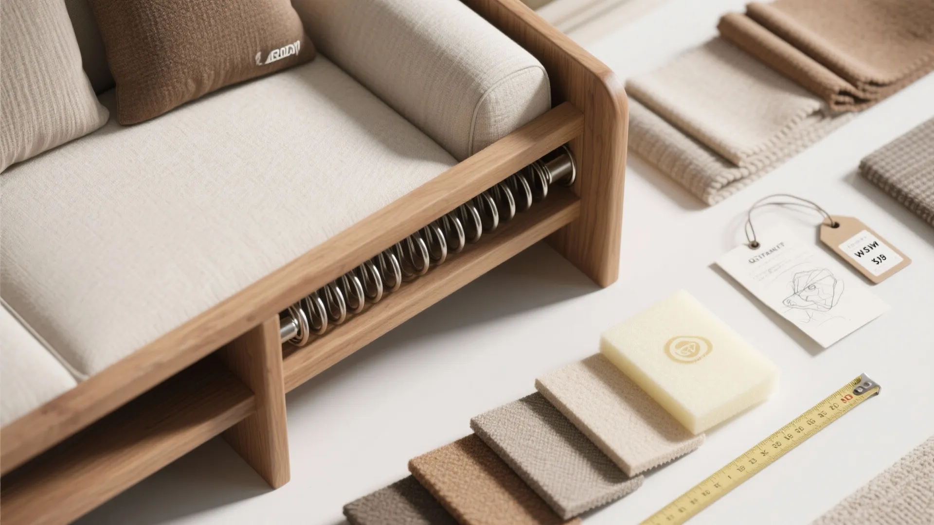 Sofa construction details with wood frame metal springs fabric samples and measuring tape on white surface