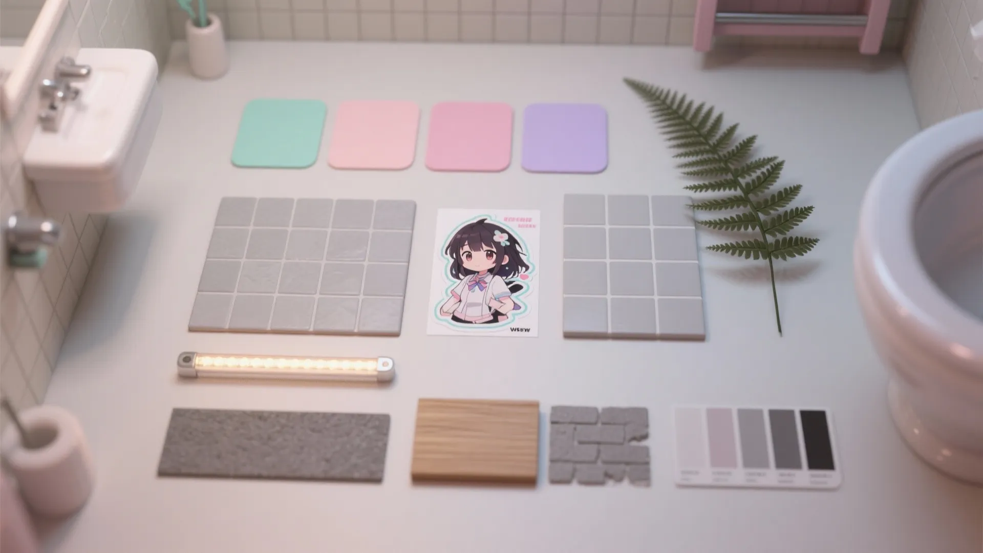 Top-down flatlay of pastel paint chips, tile and decal samples, LED strip and sealed wood sample for anime bathroom planning.