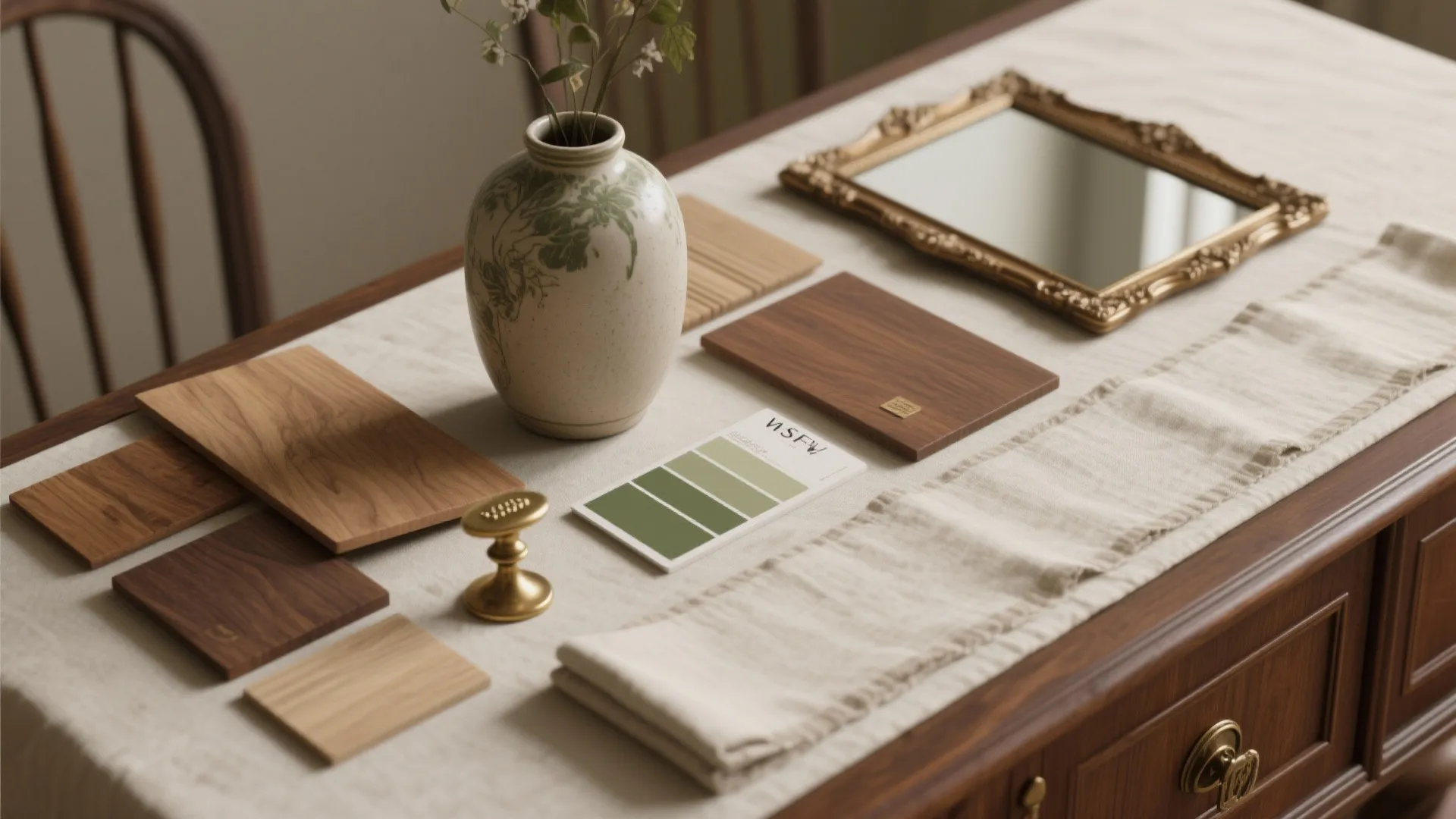 Table flat lay with wood samples green color swatches ceramic vase mirror and gold metal handle