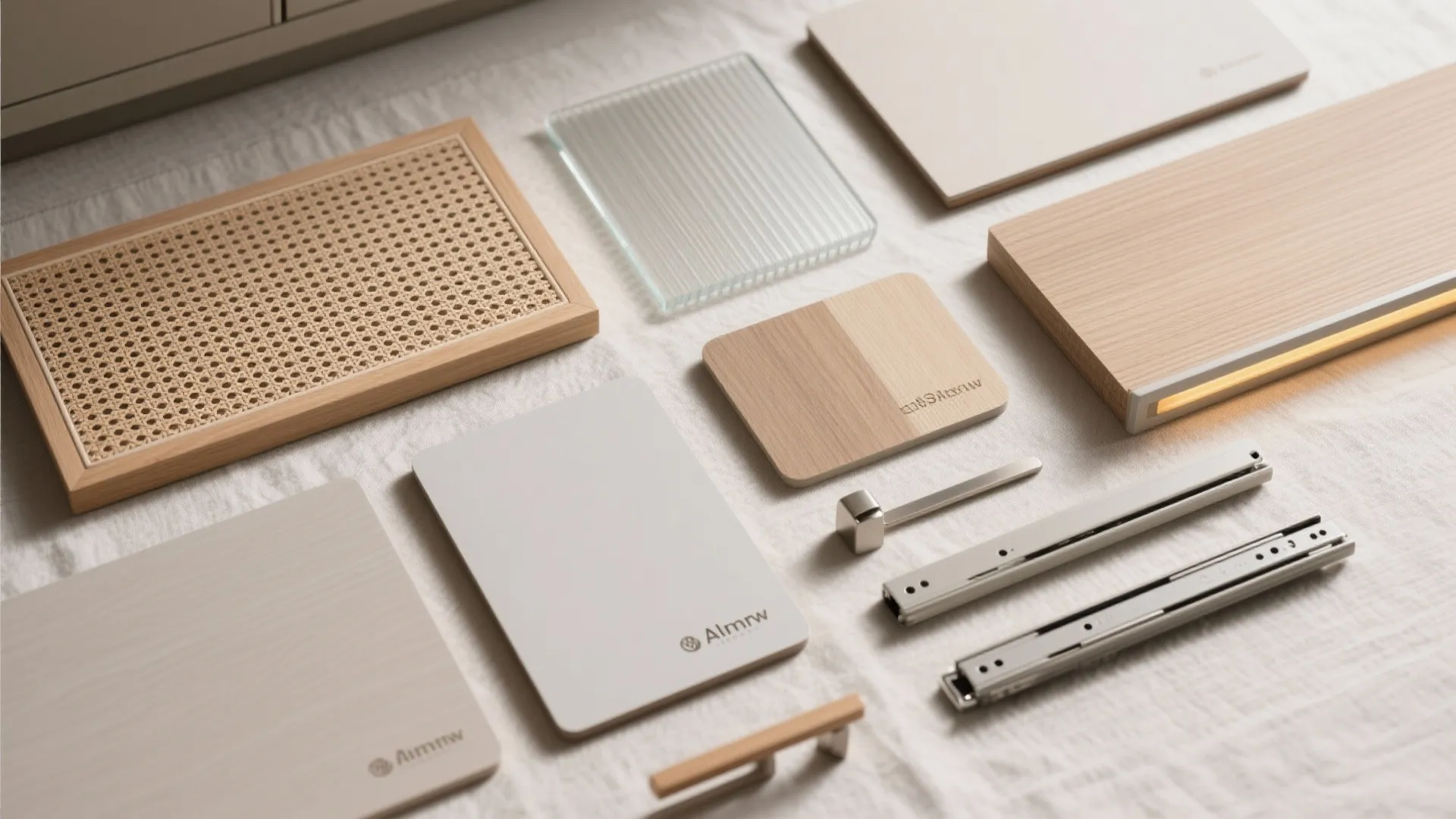 Collection of interior design materials including wood samples glass metal hardware and rattan door panels
