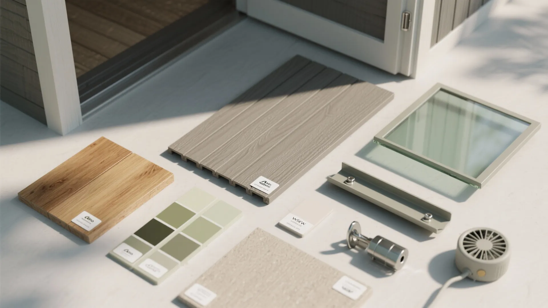 Collection of building material samples including wood floor panels green paint swatches and glass window parts