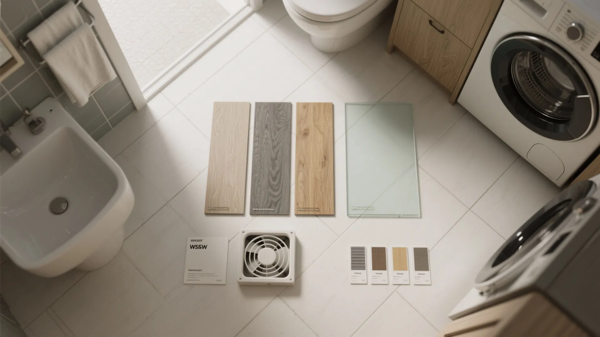 Top-down material flatlay of moisture-resistant tiles, sealed wood, laminates, stainless panels and glass samples for bathroom-laundry use.