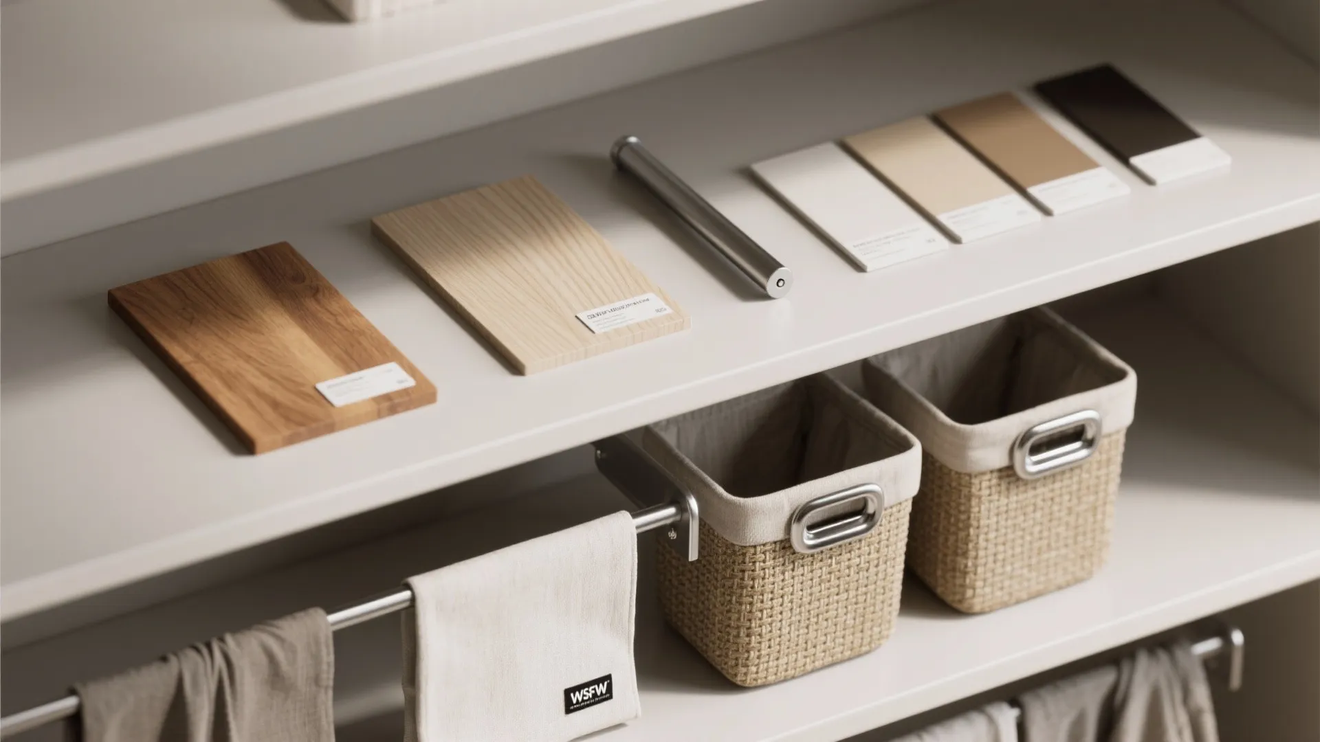 Collection of wood samples and color swatches on a shelf with woven baskets and towels