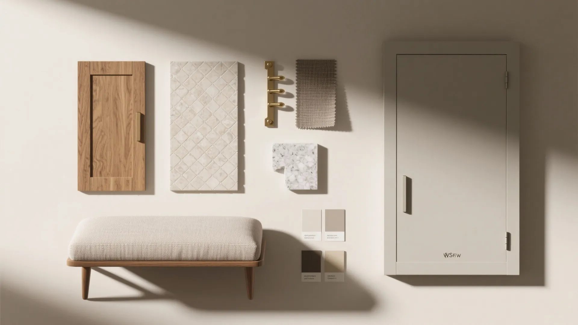 Interior design material board with wood samples tiles fabric swatches and small grey footrest on floor