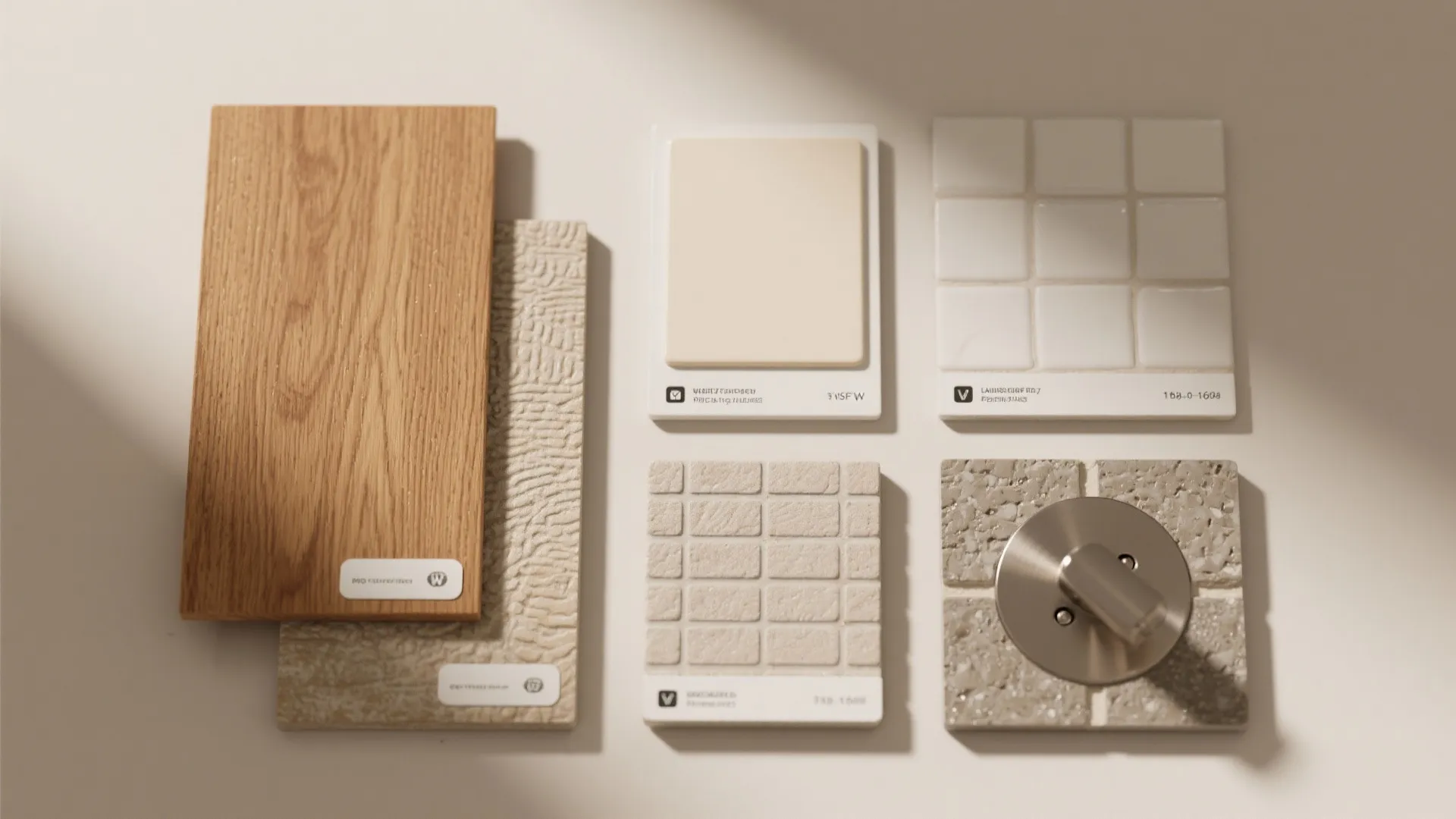 Collection of interior design material samples including wood tiles stone and a metal door handle