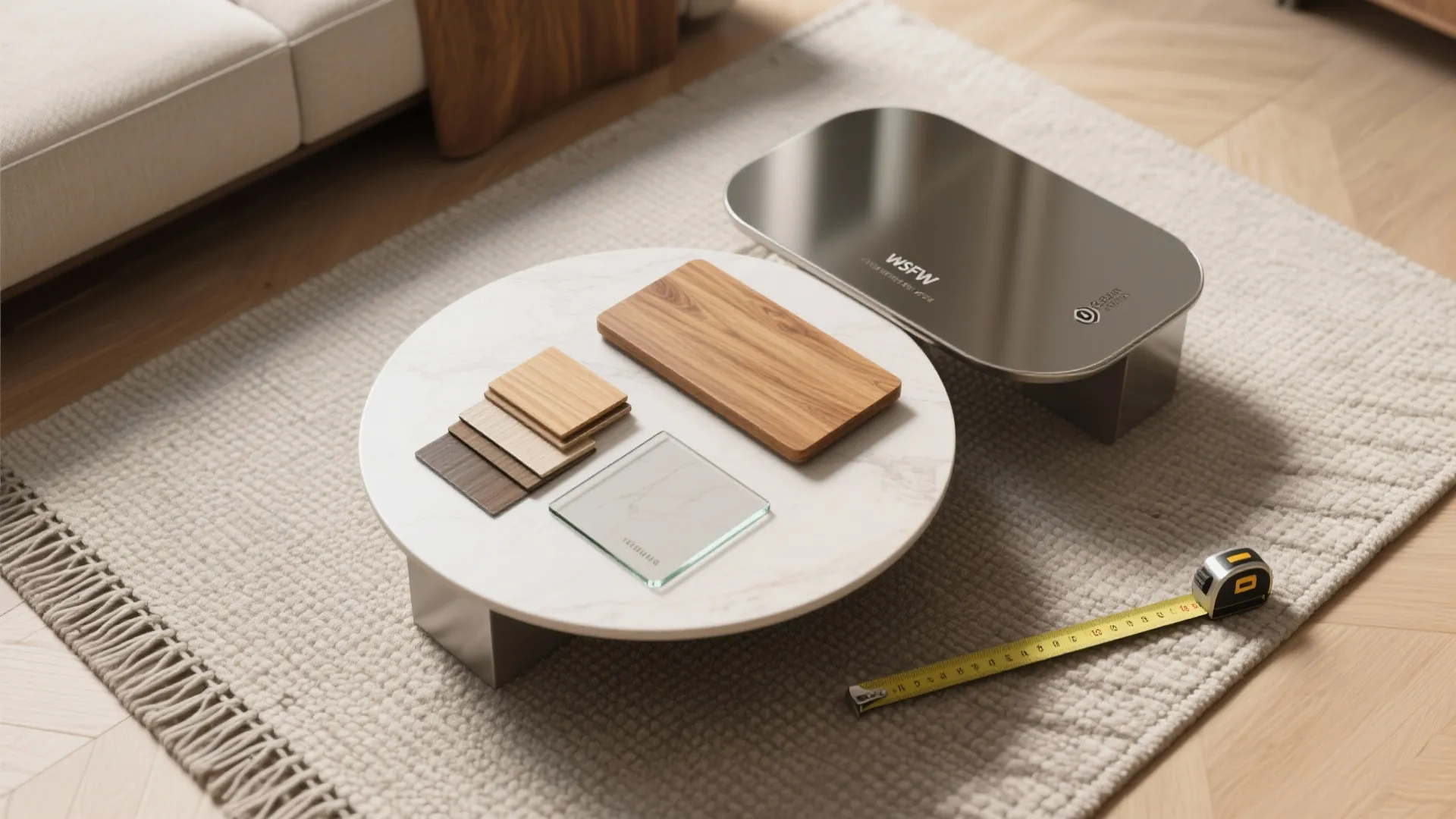 Interior design materials with wood samples and glass on round table with a yellow tape
