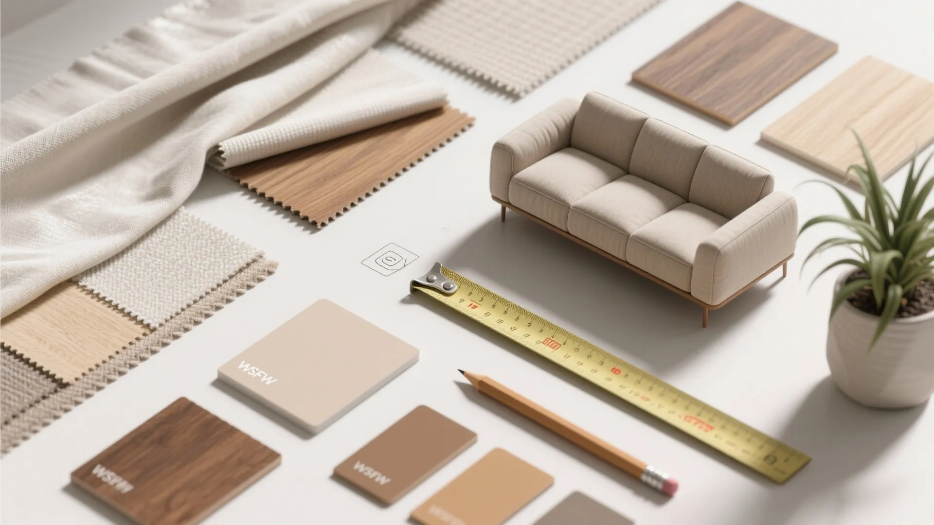 Interior design layout showing fabric samples, wood pieces, a small sofa model, pencil, and tape