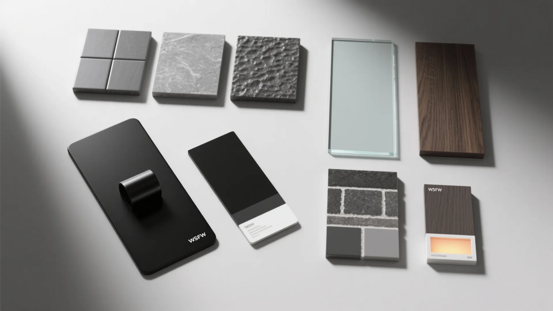 Top-down flatlay of matte black finish, three grey tile textures, back-painted glass and wood veneer samples.