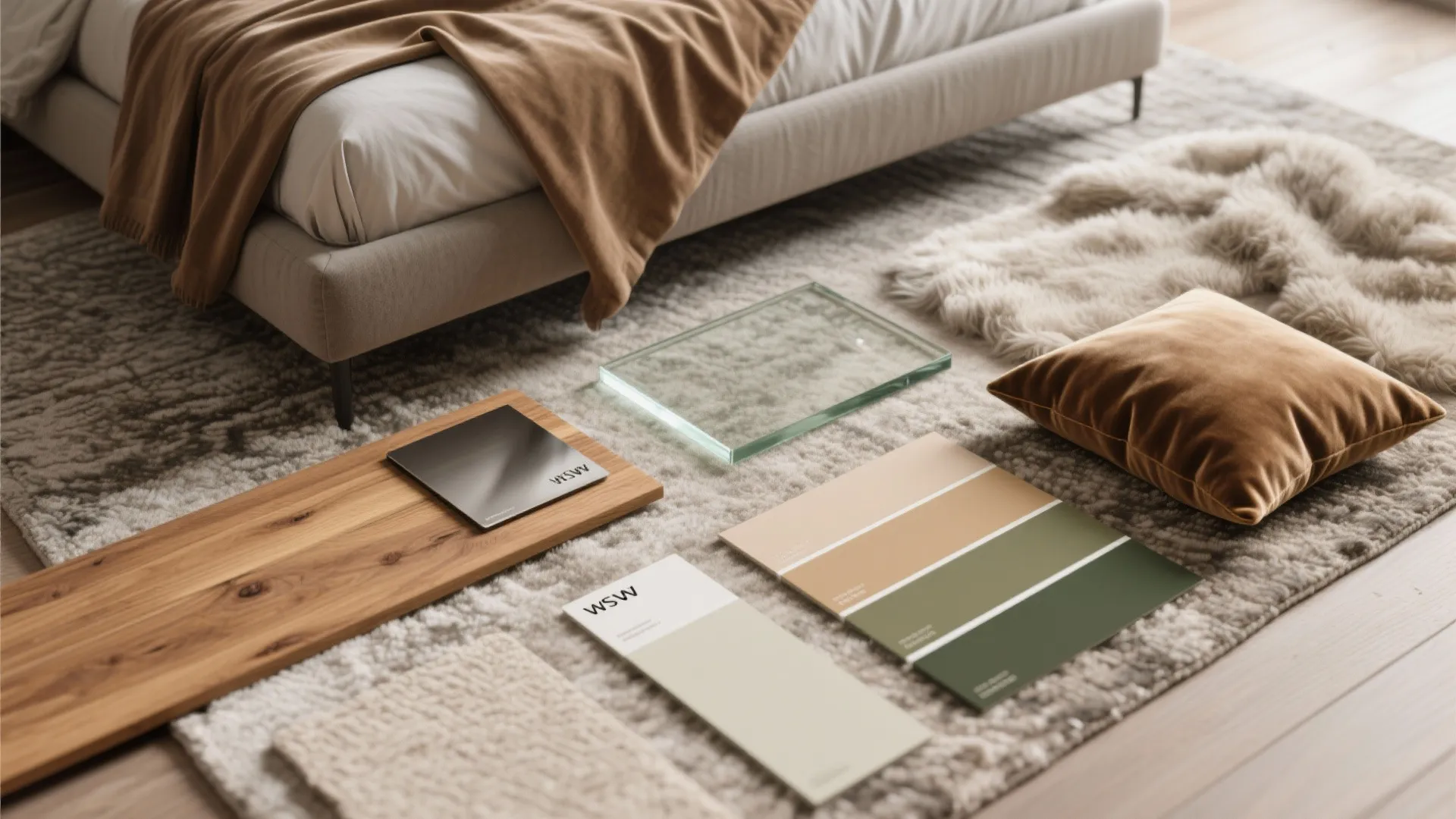 Flatlay of wood, metal, glass and textile samples for a layered large-bedroom palette.