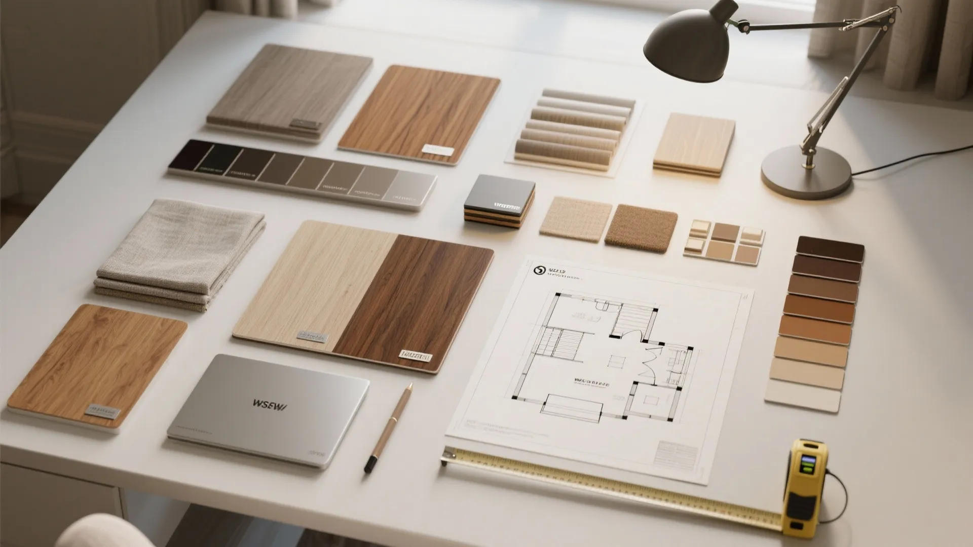 Interior design mood board with wood samples color swatches floor plan fabric and desk lamp