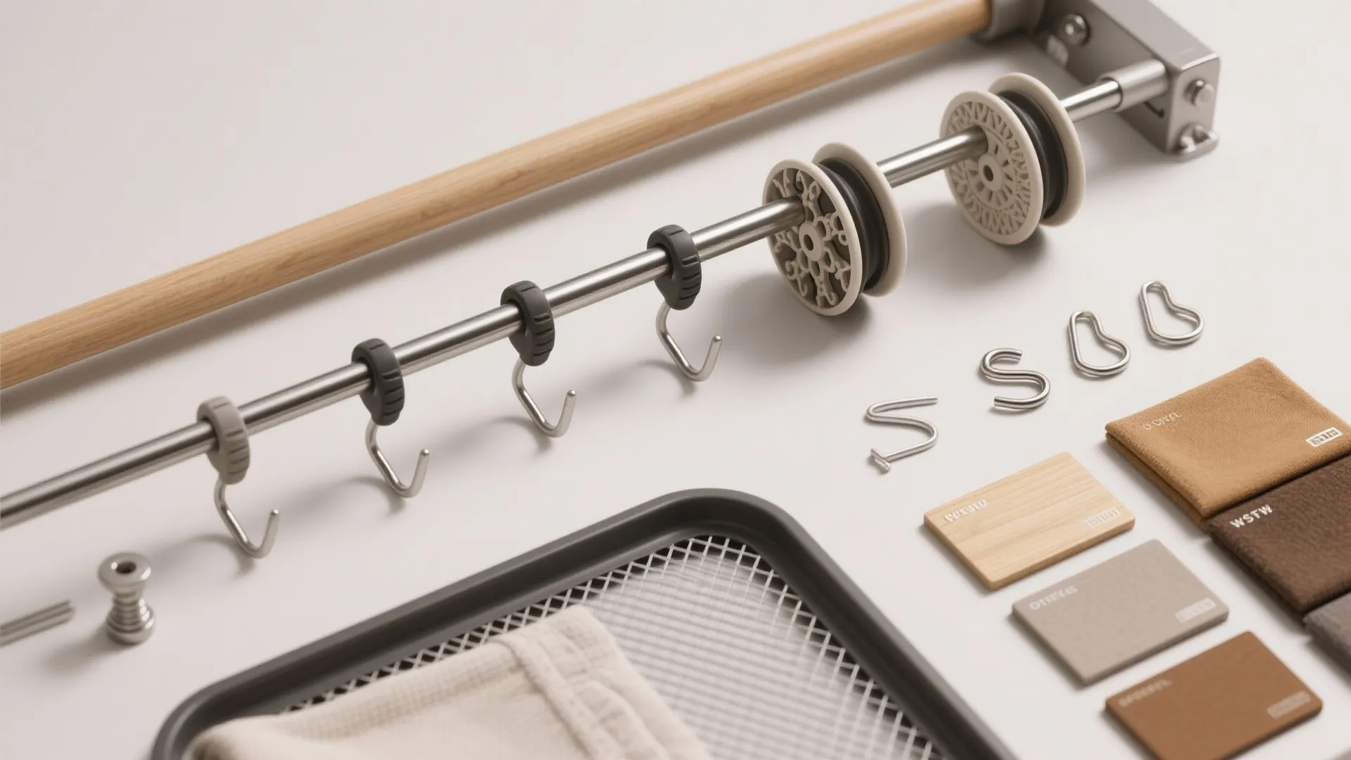 Flat lay of interior design materials including wooden rod metal hooks and various fabric samples
