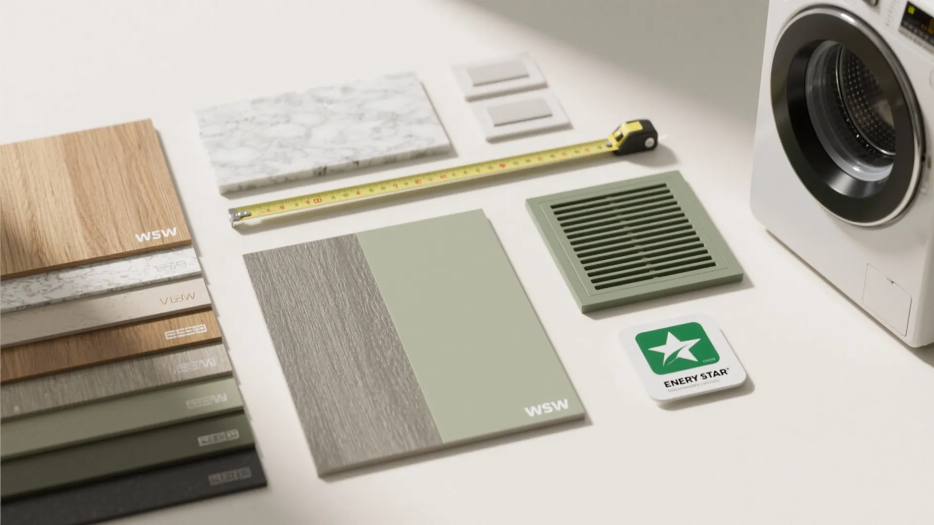 Interior design material samples including wood, marble, and metal pieces with a yellow tape measure