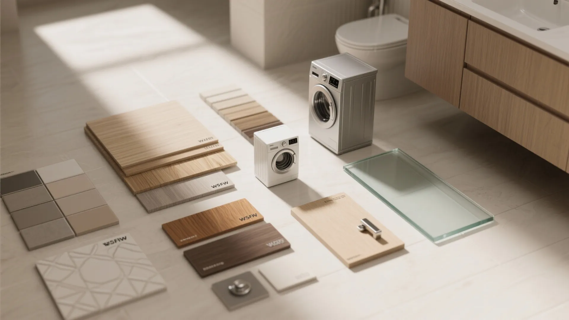 Selection of interior design materials including wood samples, tiles, glass pieces, and small washing machine models