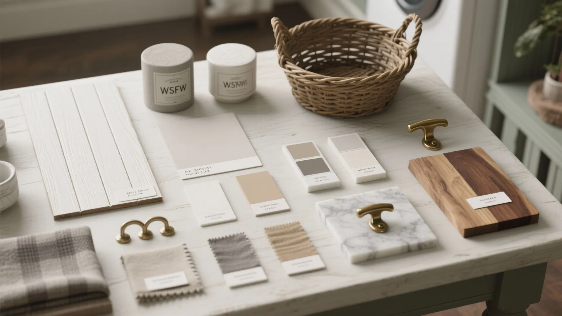 Interior design mood board with wood samples fabric swatches marble tile gold handles and color palettes