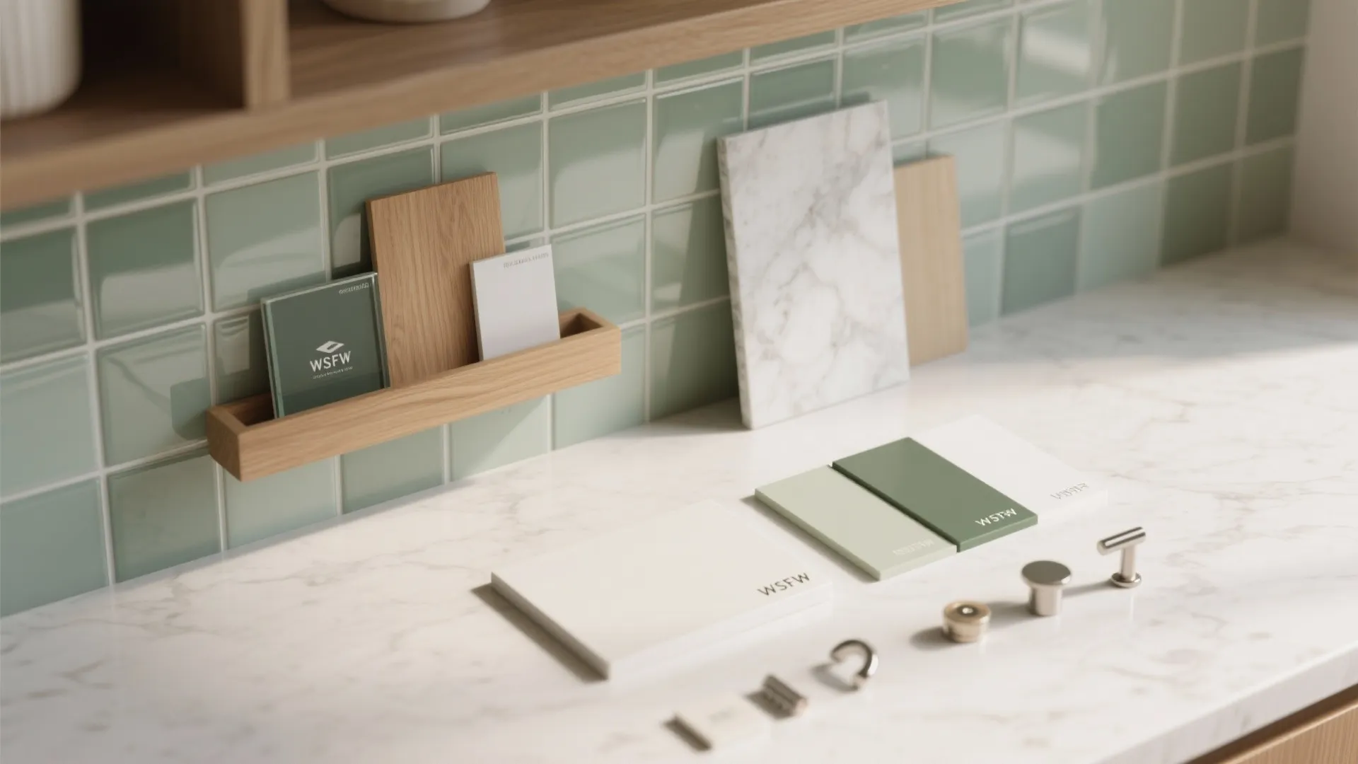 Interior design material samples including green tiles, wood pieces, marble slab, and metal cabinet handles