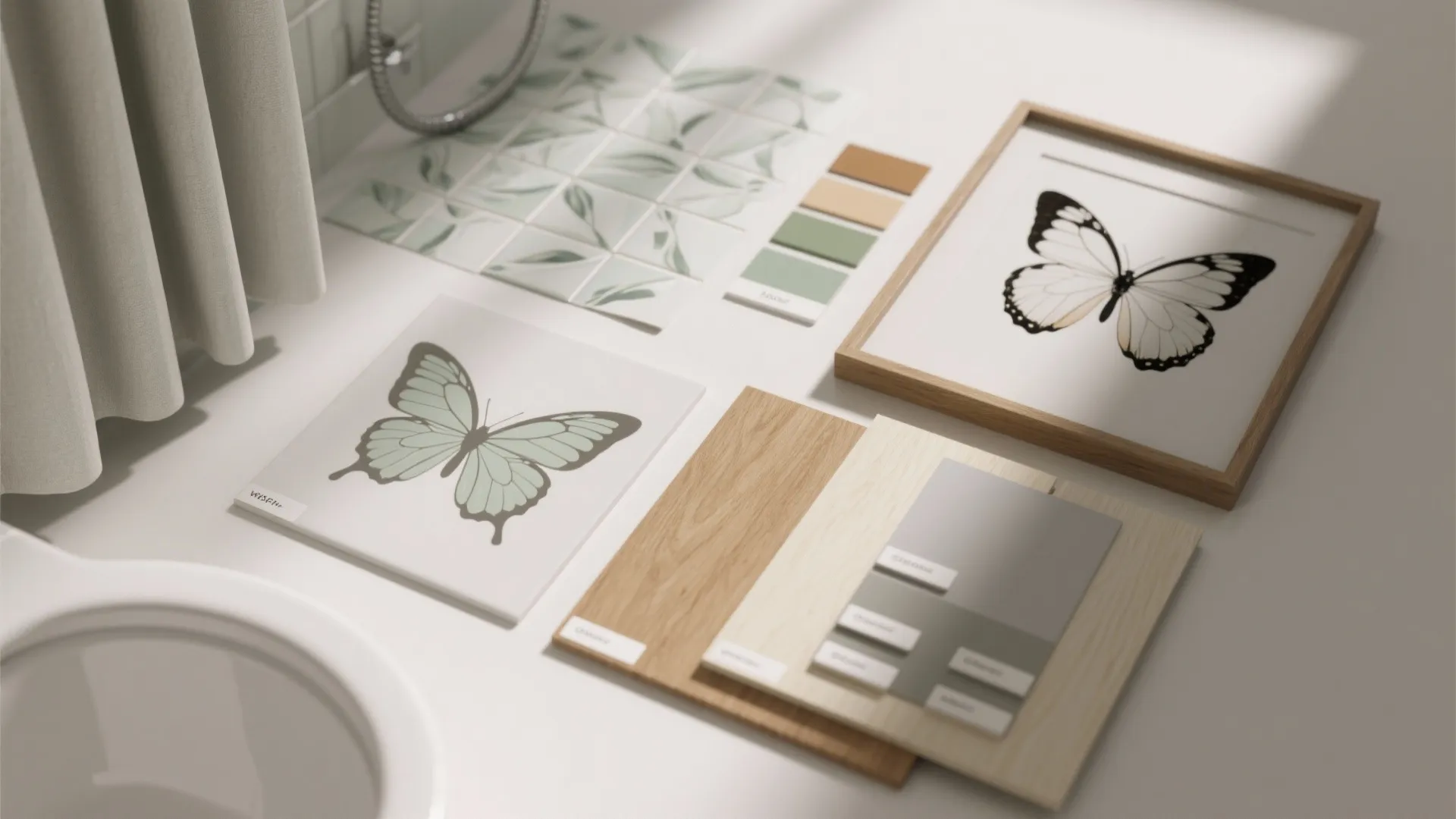 Interior design mood board with wood samples color swatches and butterfly wall art for bathroom