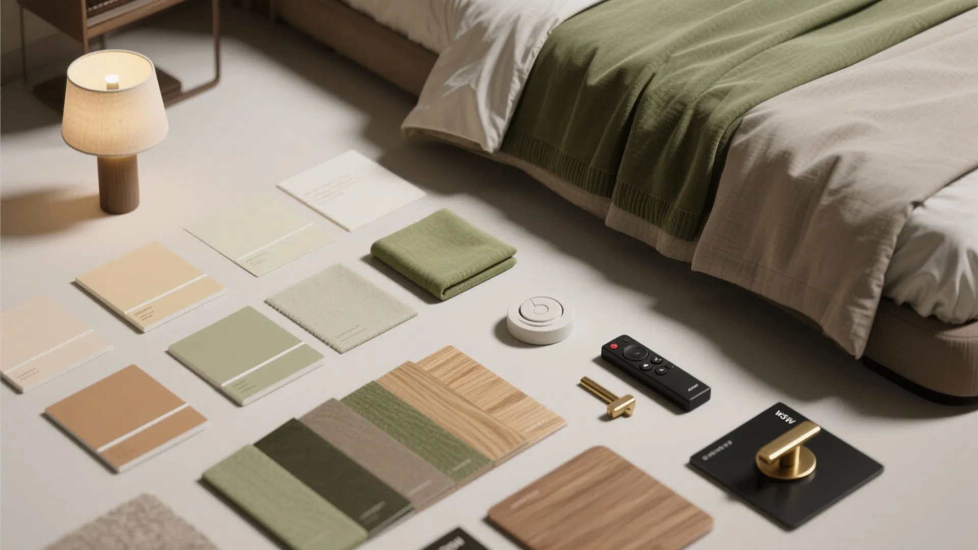 Collection of interior design material samples including fabric wood and paint colors on the floor