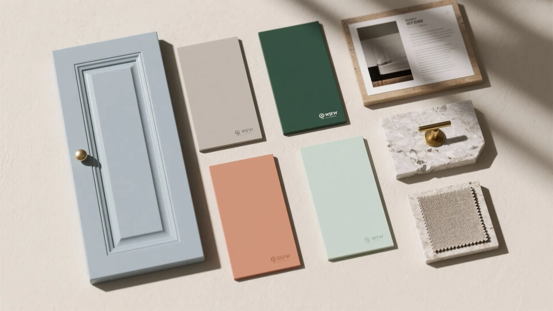 Interior design mood board with blue cabinet door, colorful samples, marble piece, and fabric swatch