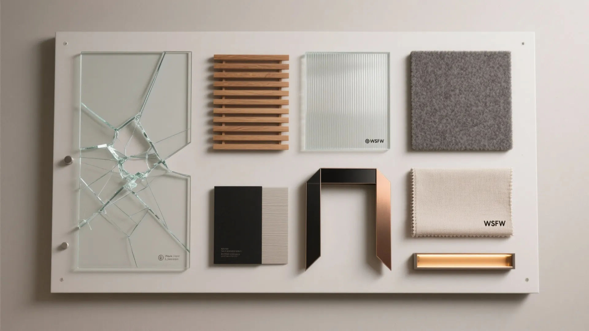 Interior design material board with glass wood slats metal pieces fabric swatches and light fixture samples