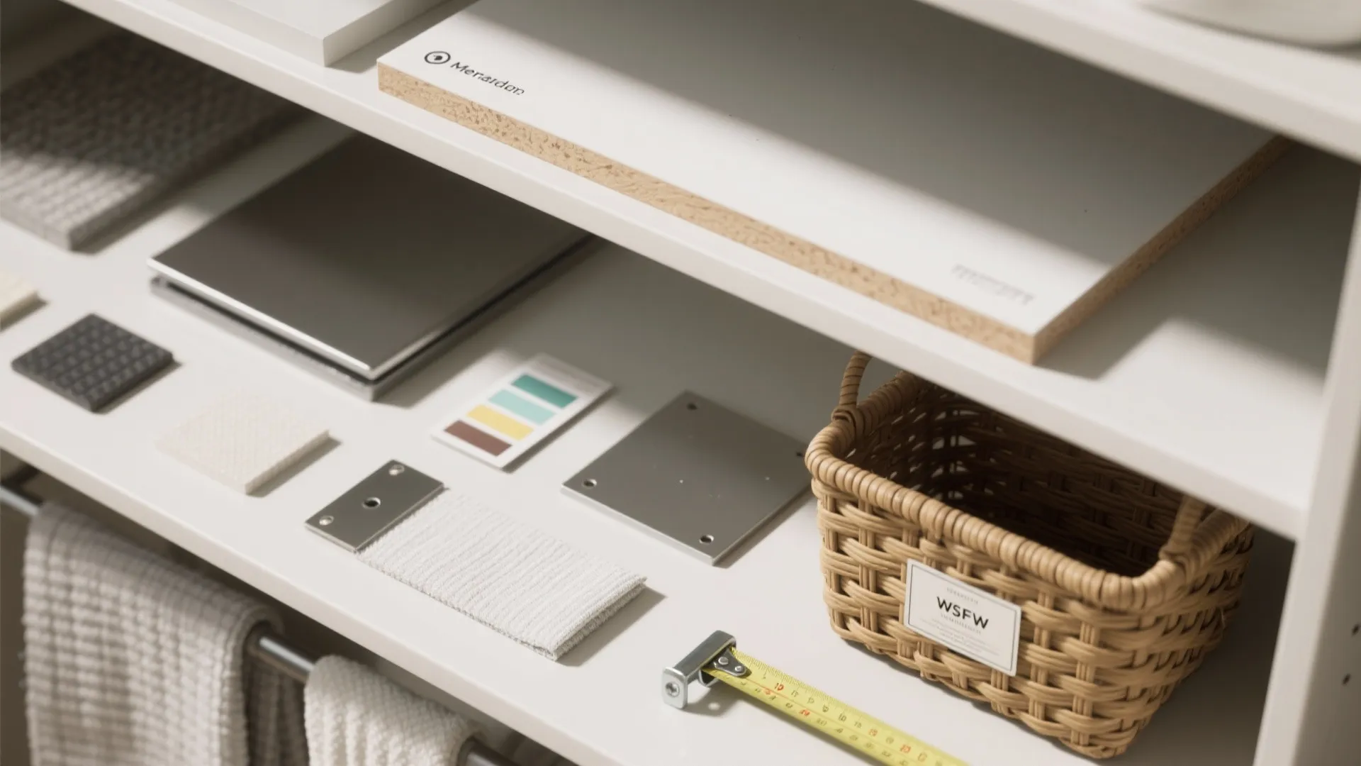 Top-down flatlay of moisture-resistant material samples, basket, paint swatch and hardware for laundry shelving.