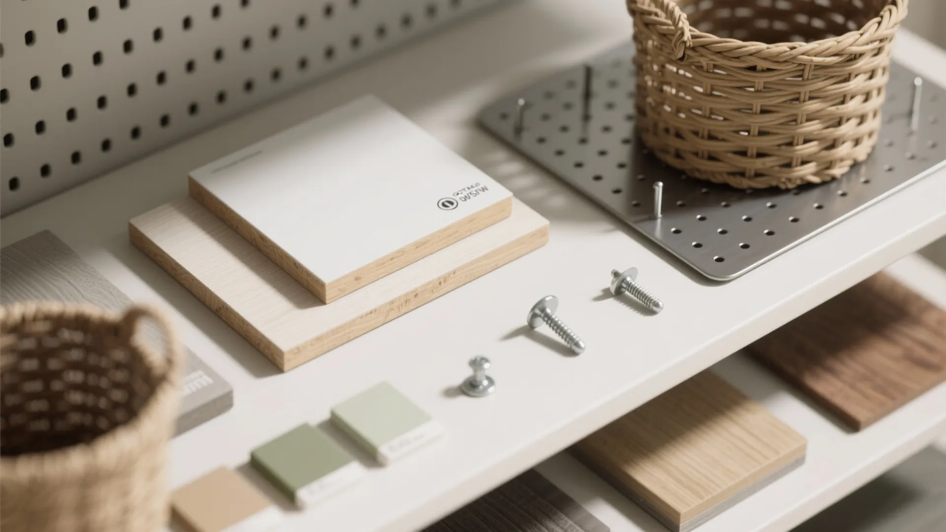 Close up of interior design material samples including wood tiles color swatches and small screws