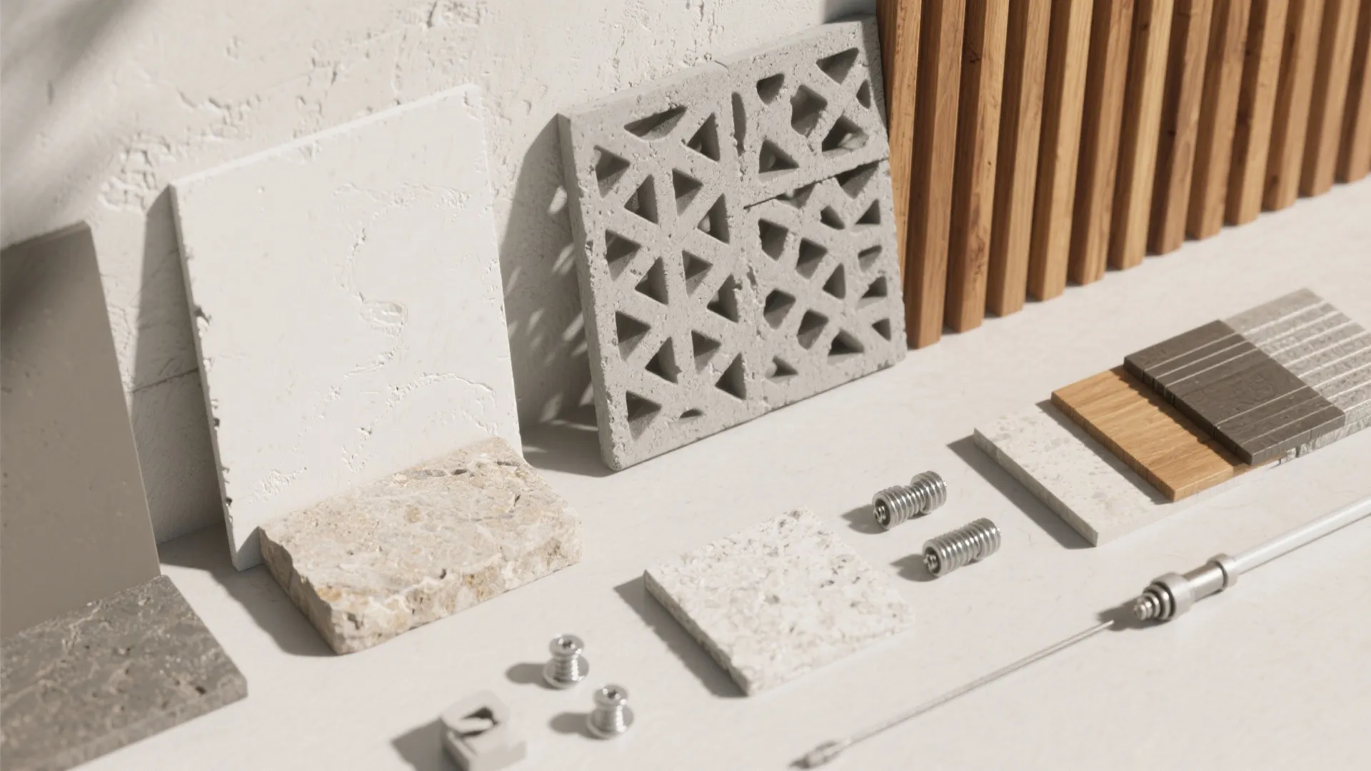 Top-down flatlay of plaster color swatches, stone samples, perforated screen piece, timber and composite slats, and stainless fixings.
